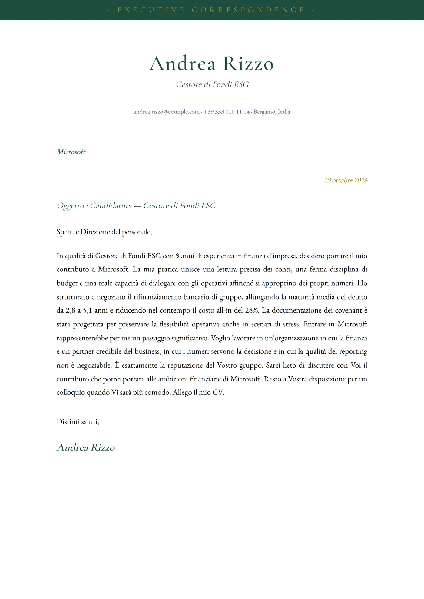 Smeraldo — Modelli di lettera di presentazione