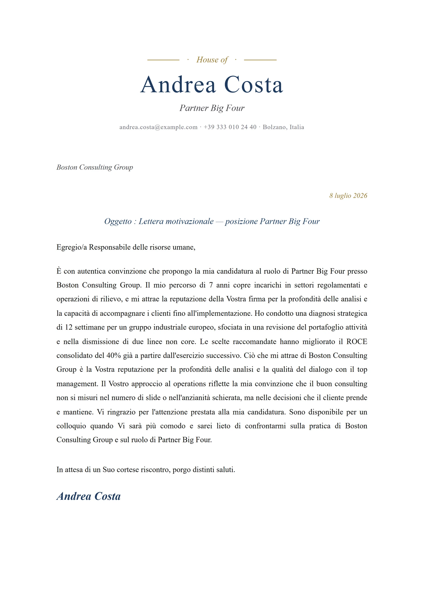 Casa executive — Modelli di lettera di presentazione