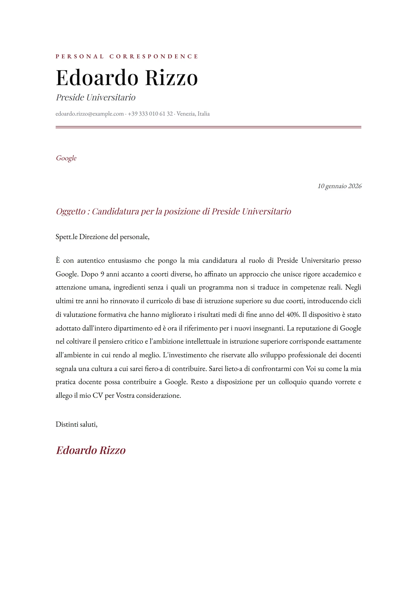 Ivy League — Modelli di lettera di presentazione