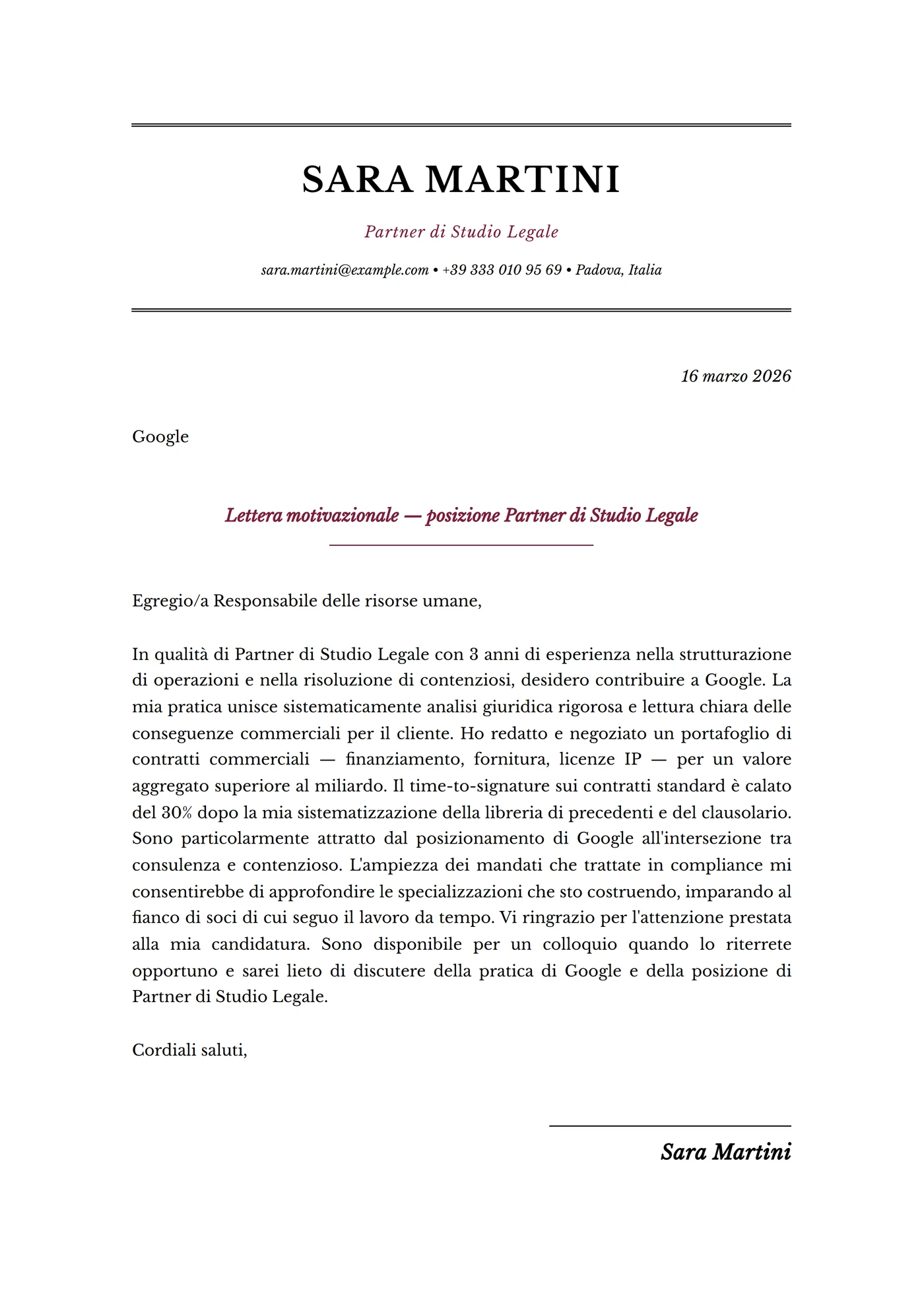Exec Studio Legale — Modelli di lettera di presentazione