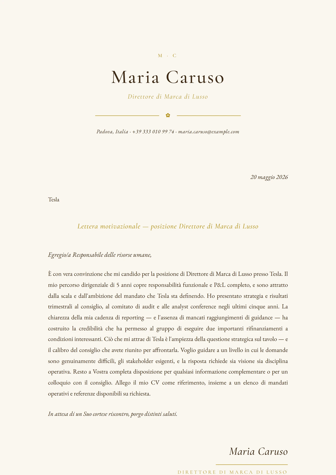 Exec Lusso — Modelli di lettera di presentazione