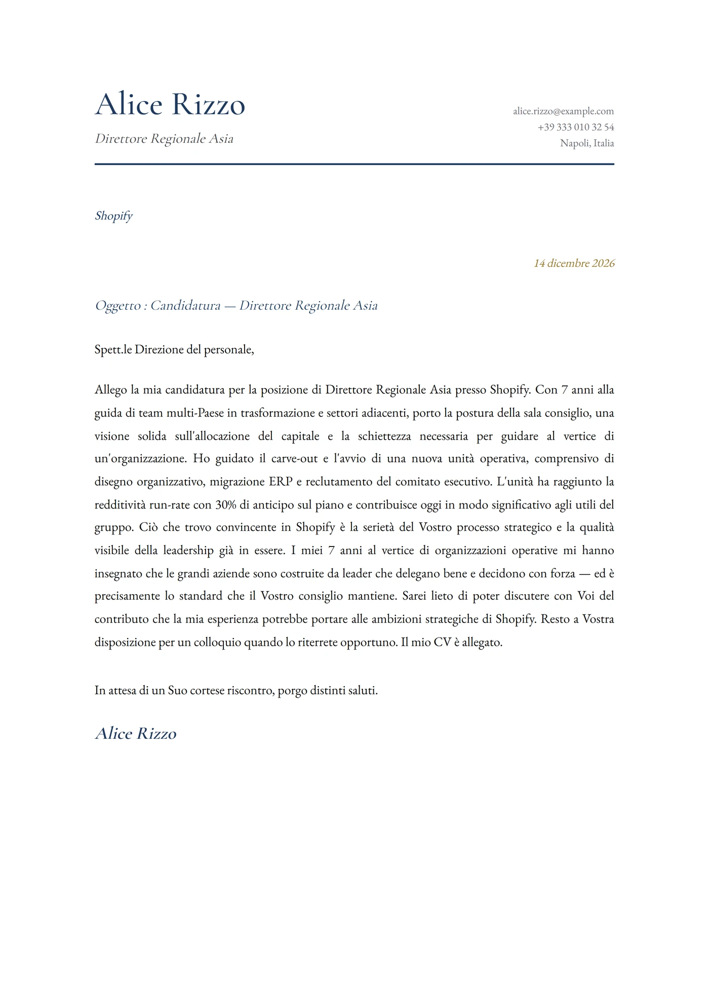 Mandarino — Modelli di lettera di presentazione