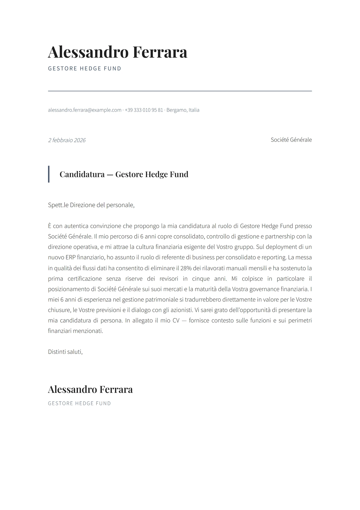 Exec Finanza Moderna — Modelli di lettera di presentazione