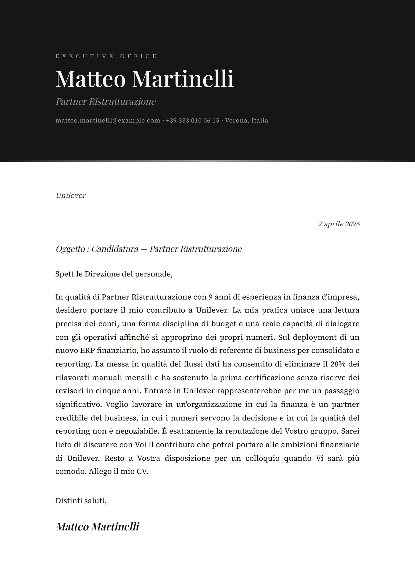 Onice — Modelli di lettera di presentazione