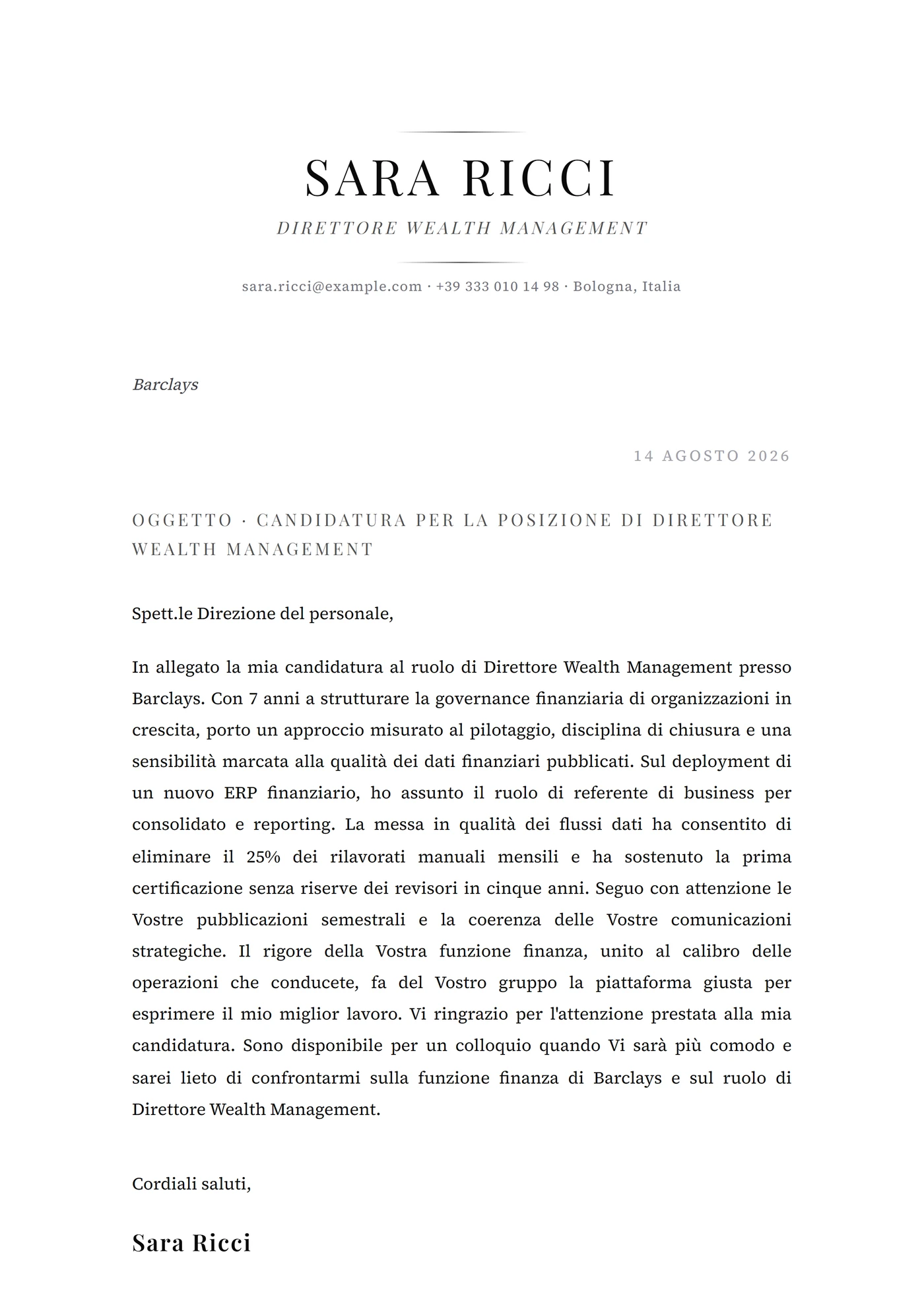 Platino — Modelli di lettera di presentazione
