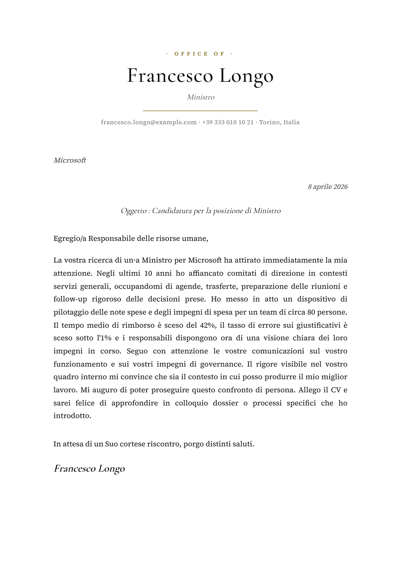 Presidenziale — Modelli di lettera di presentazione