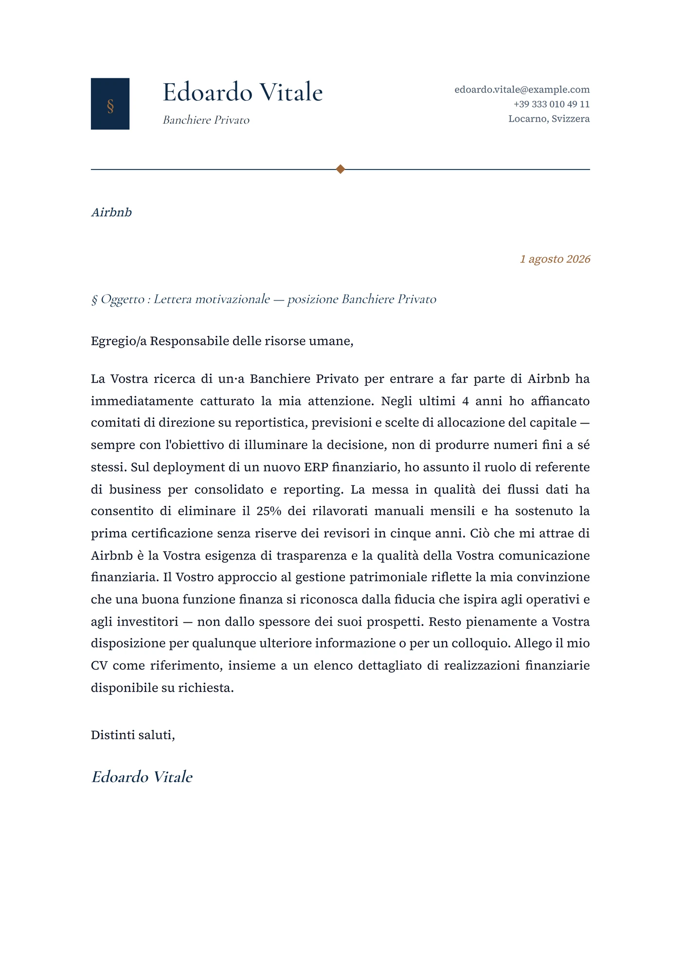 Banca privata — Modelli di lettera di presentazione