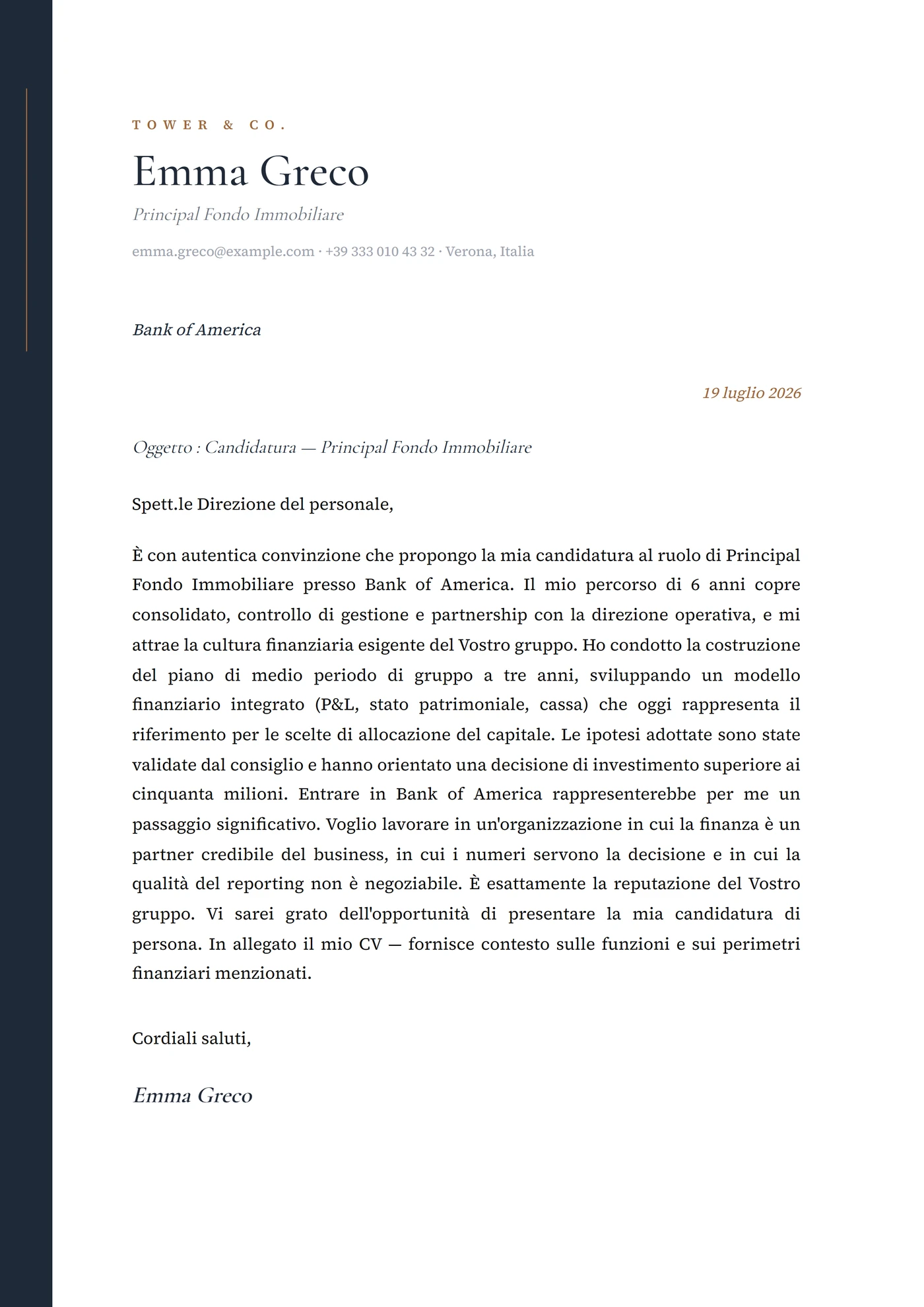Torre — Modelli di lettera di presentazione