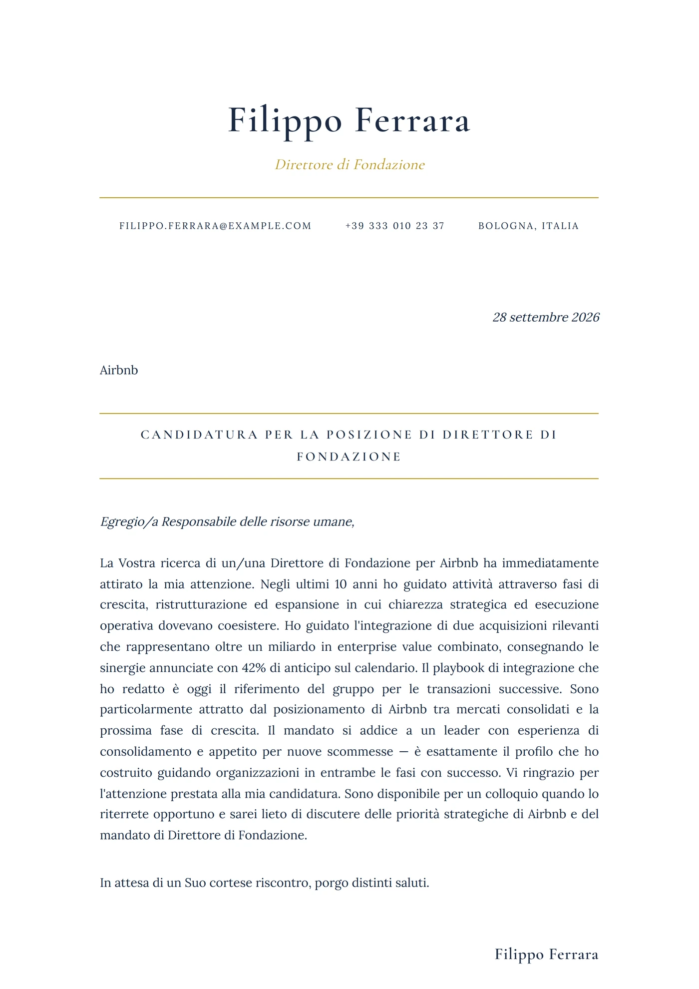 Exec Tradizione — Modelli di lettera di presentazione