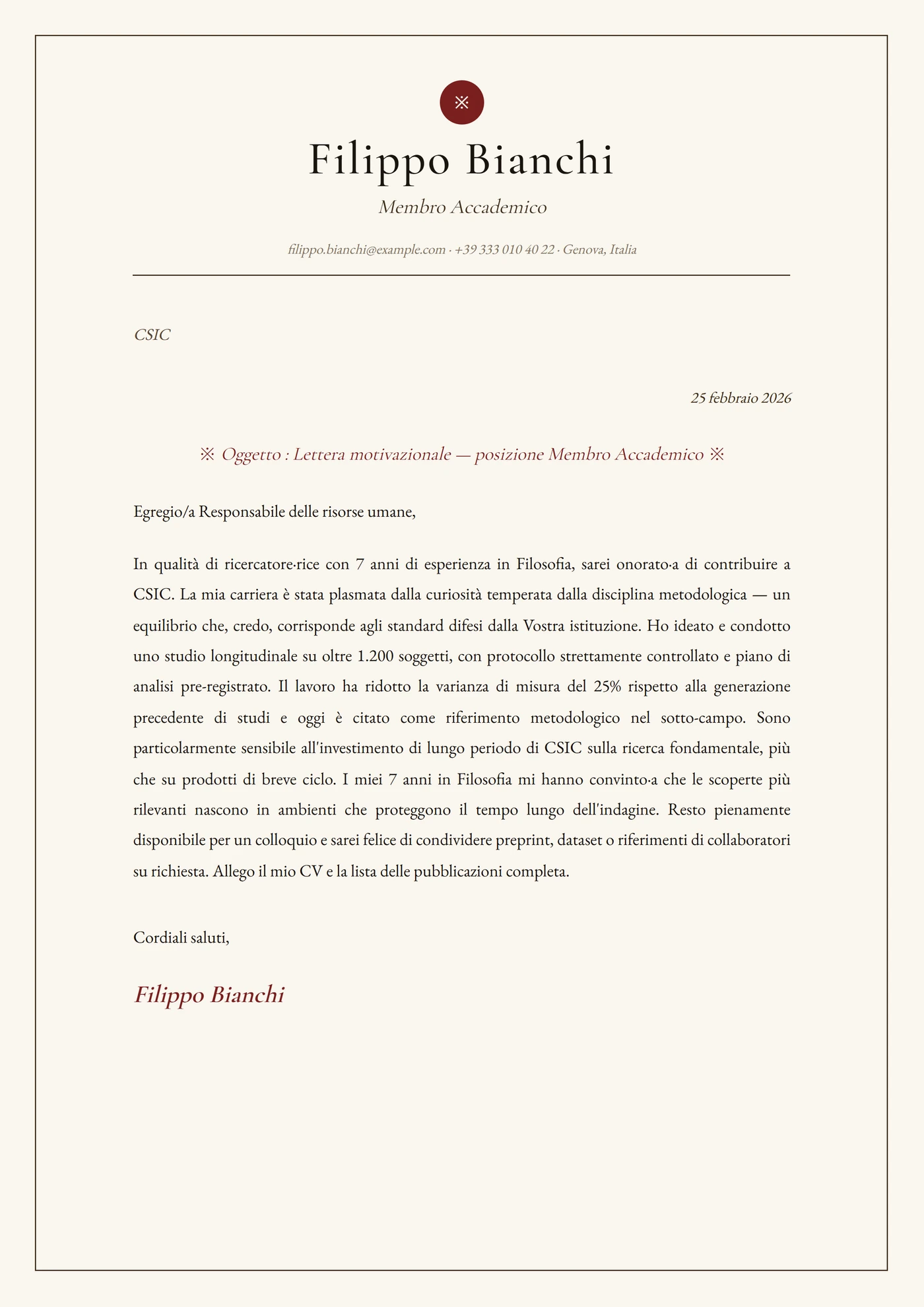 Pergamena — Modelli di lettera di presentazione