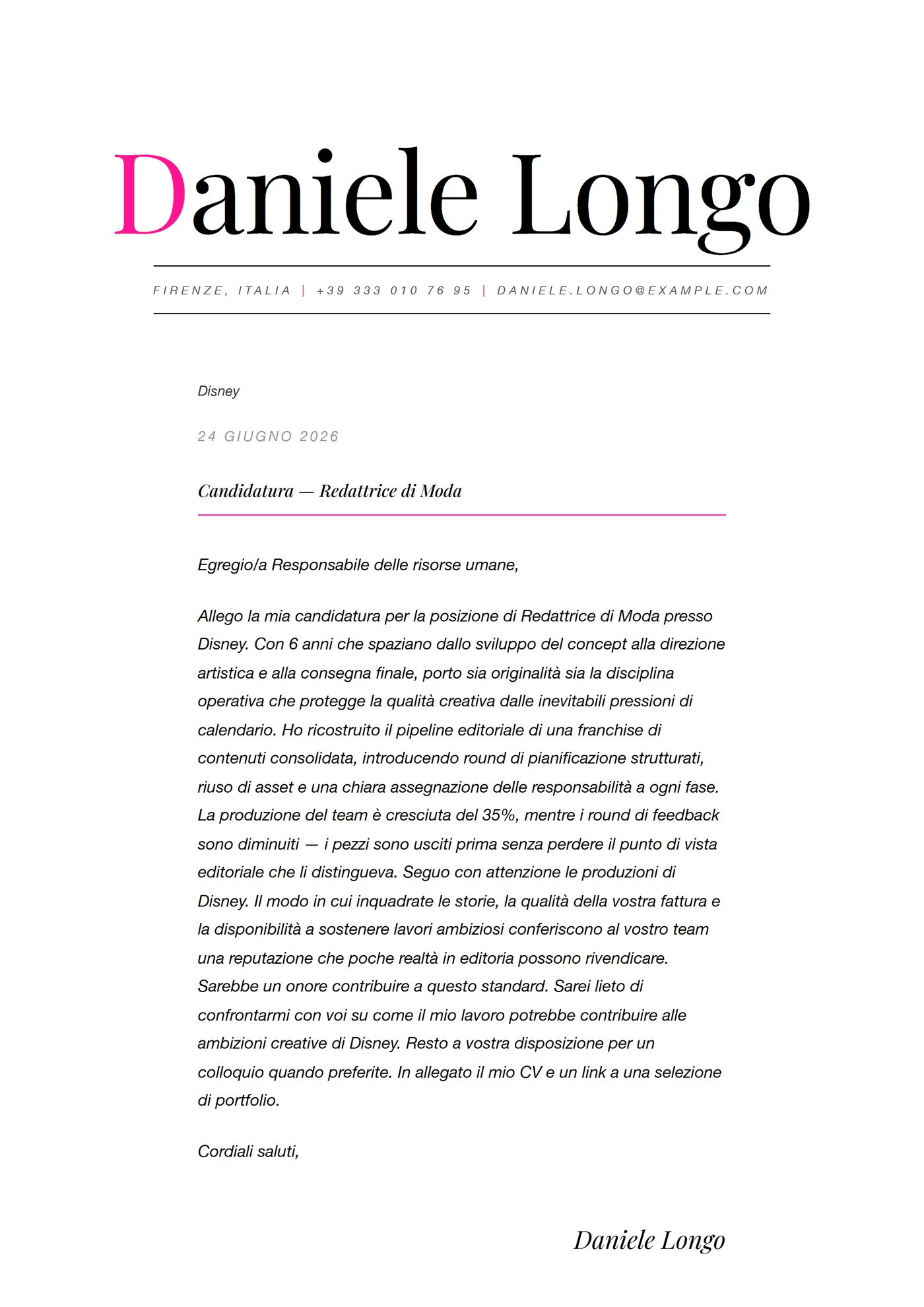 Editoriale moda — Modelli di lettera di presentazione