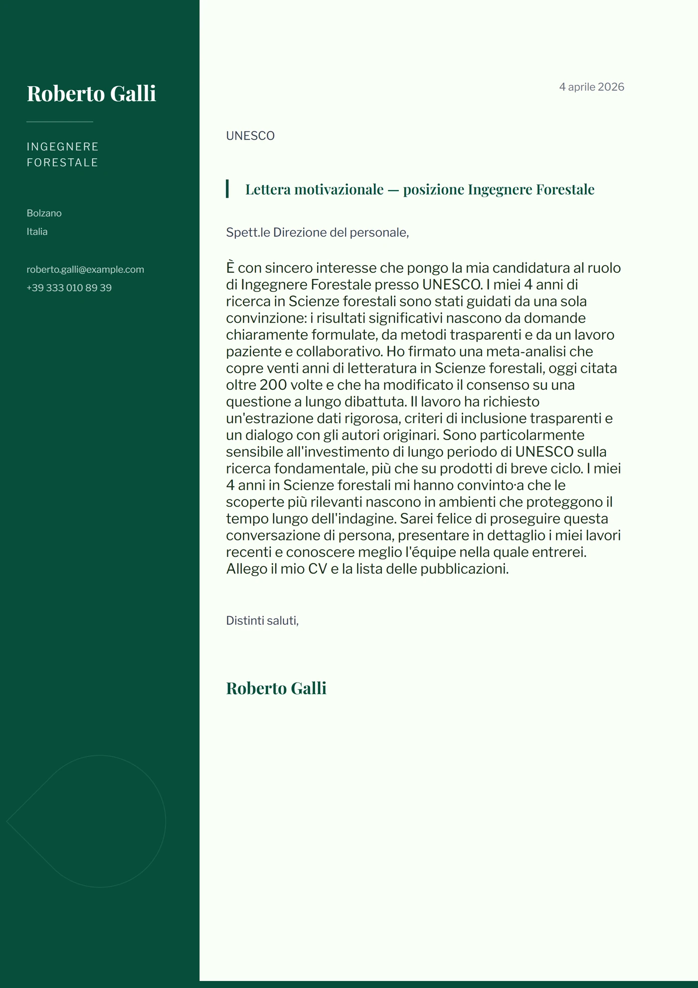 Volta forestale — Modelli di lettera di presentazione