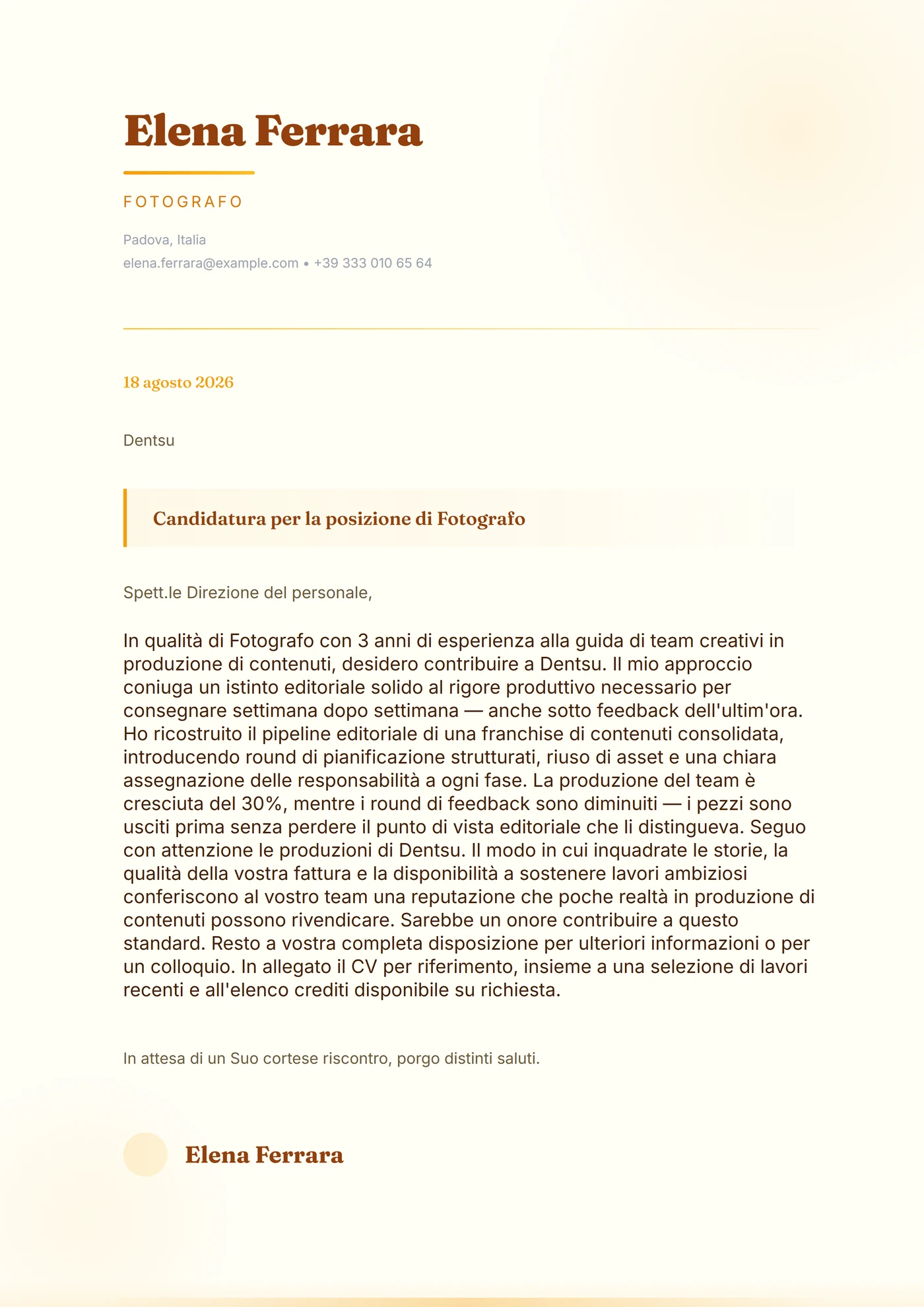 Ora dorata — Modelli di lettera di presentazione