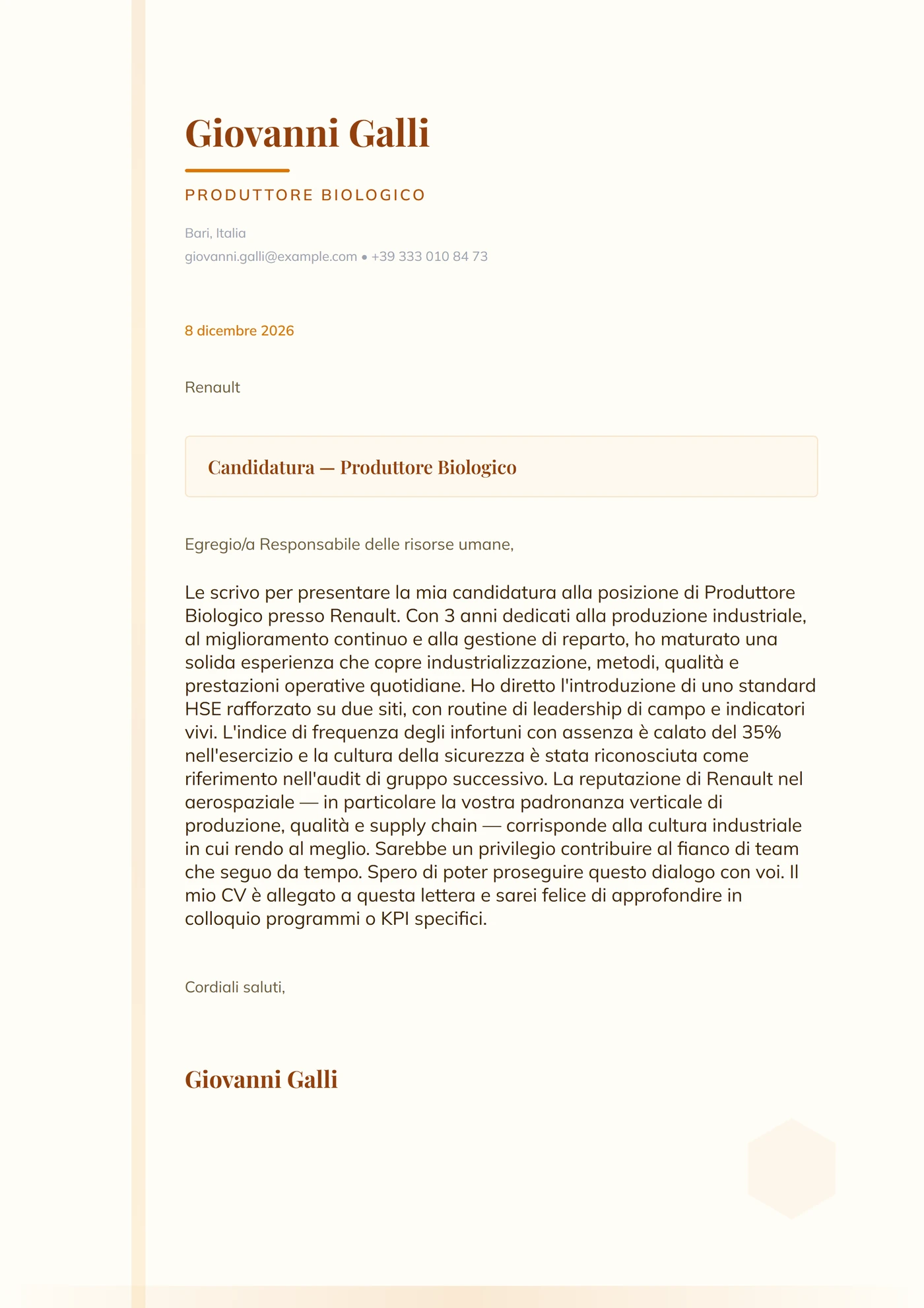 Ambra miele — Modelli di lettera di presentazione