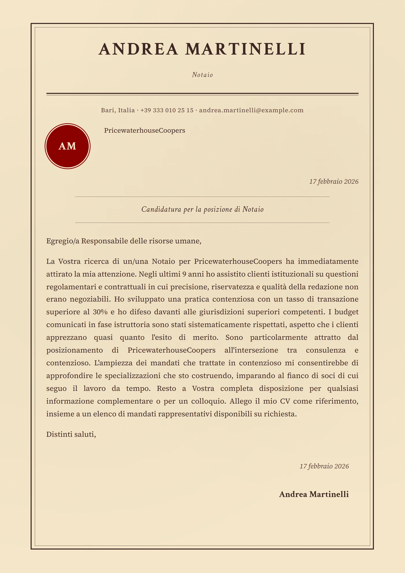 Pergamena legale — Modelli di lettera di presentazione