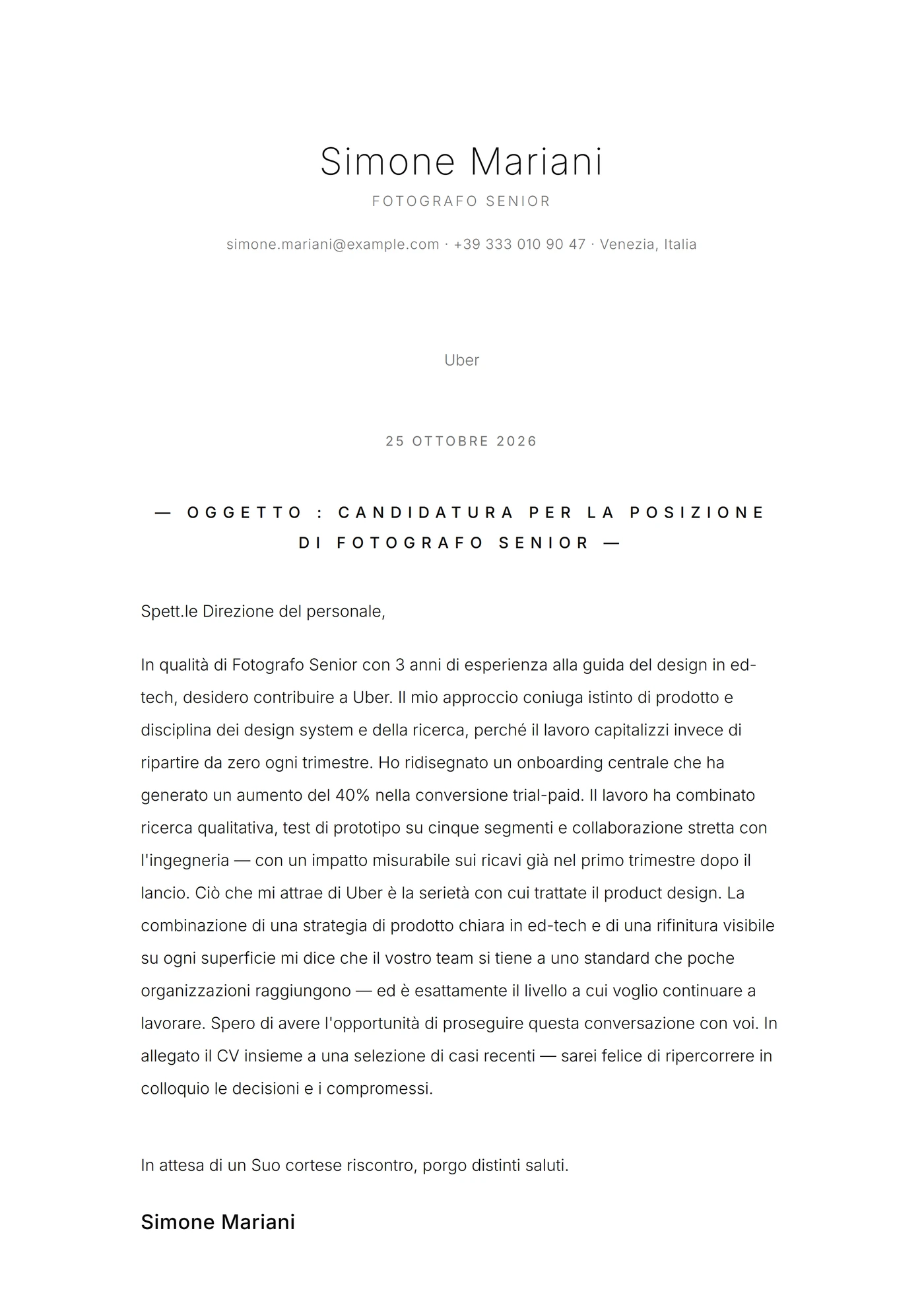 Minimal aria — Modelli di lettera di presentazione