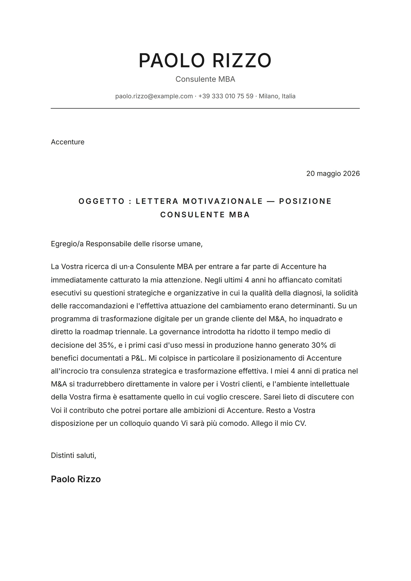 Minimal centrato — Modelli di lettera di presentazione