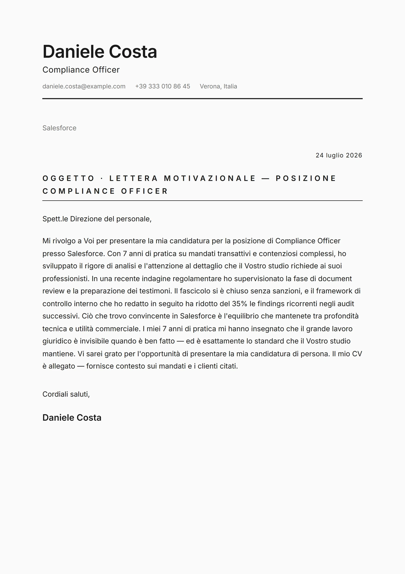 Minimal monocromatico — Modelli di lettera di presentazione