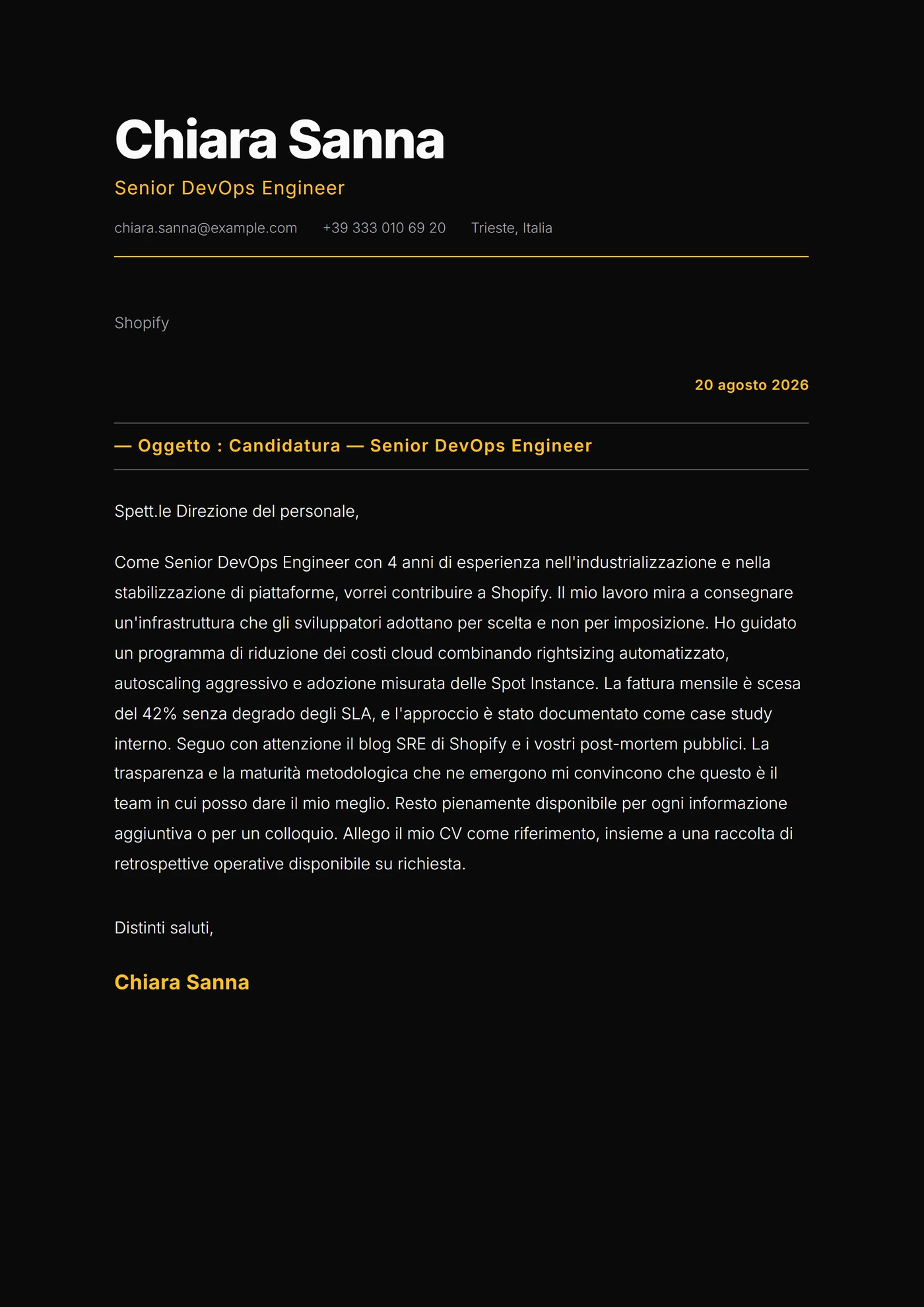 Monolite Scuro — Modelli di lettera di presentazione