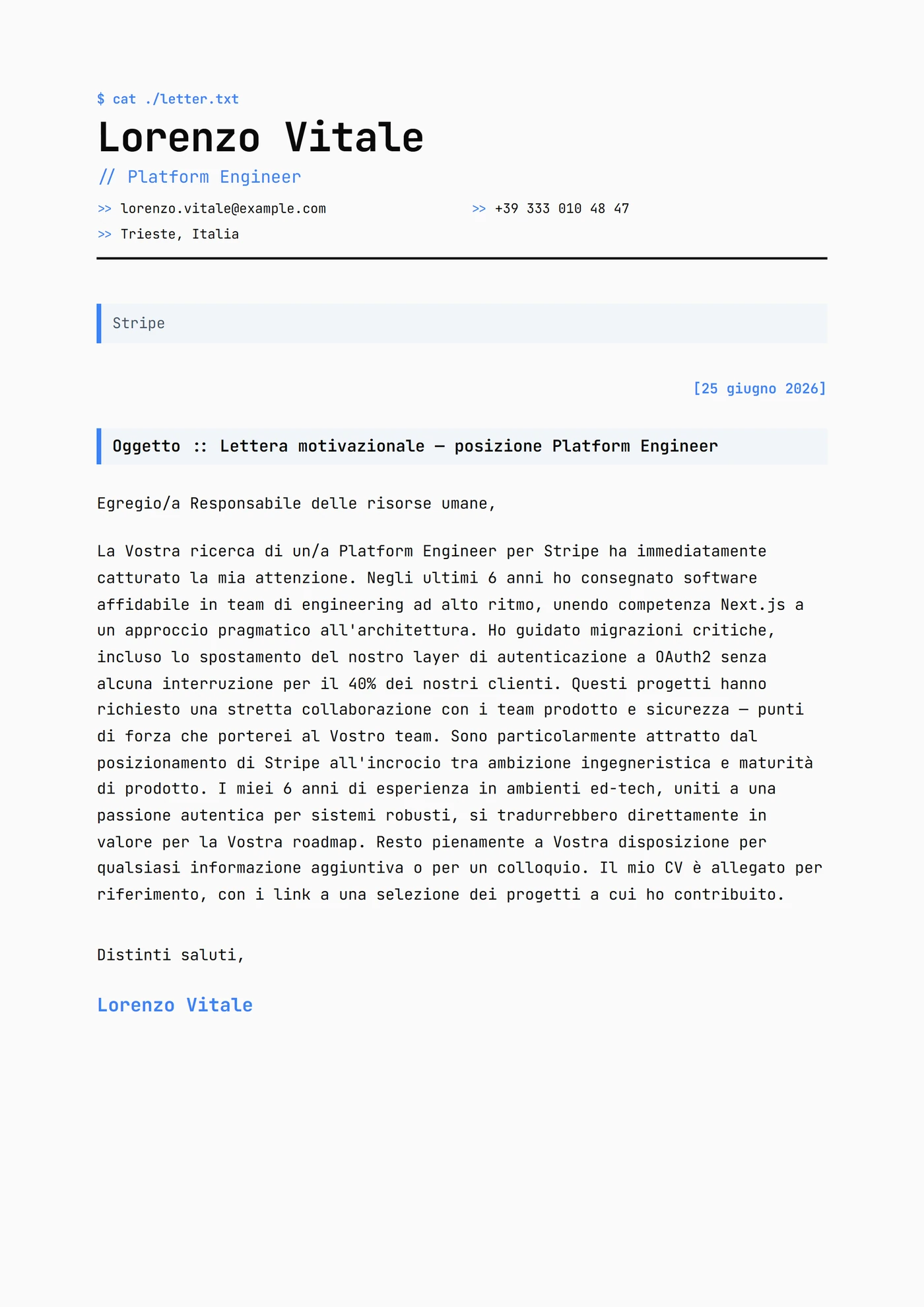 Griglia Monospace — Modelli di lettera di presentazione