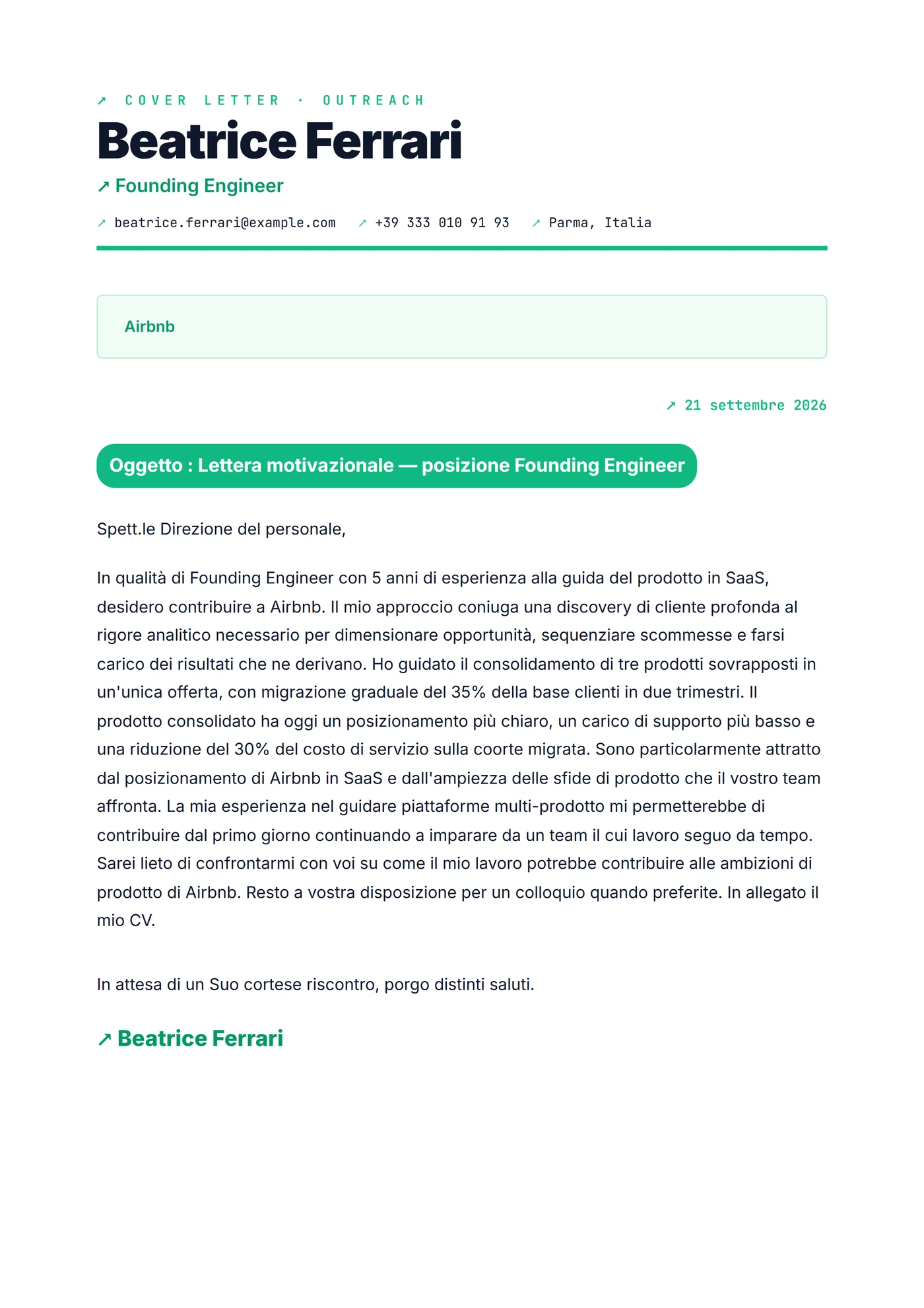 Startup Moderno — Modelli di lettera di presentazione