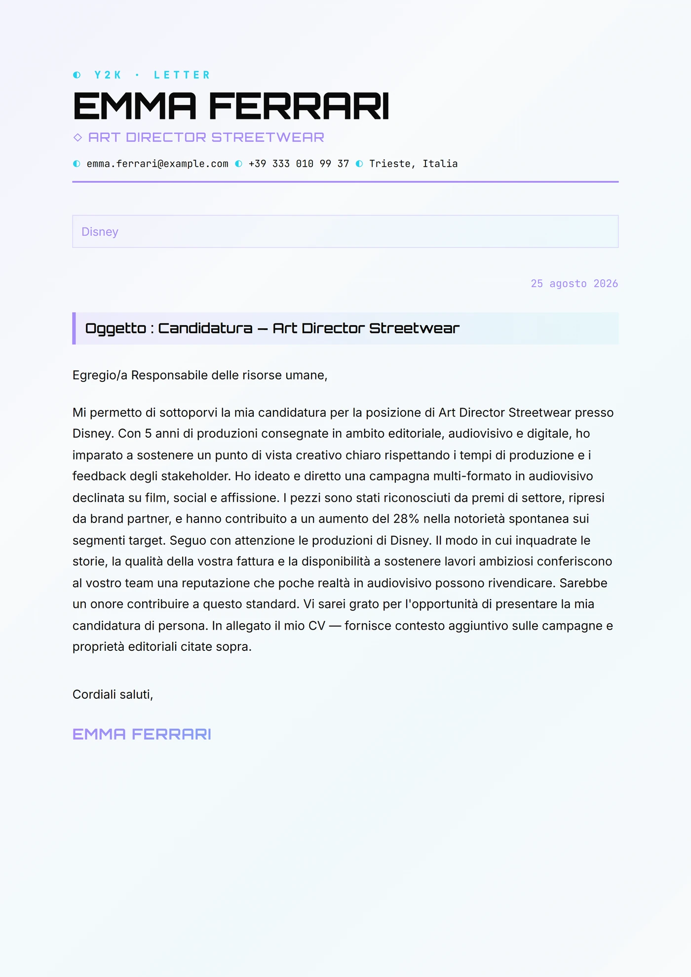 Cromo Y2K — Modelli di lettera di presentazione