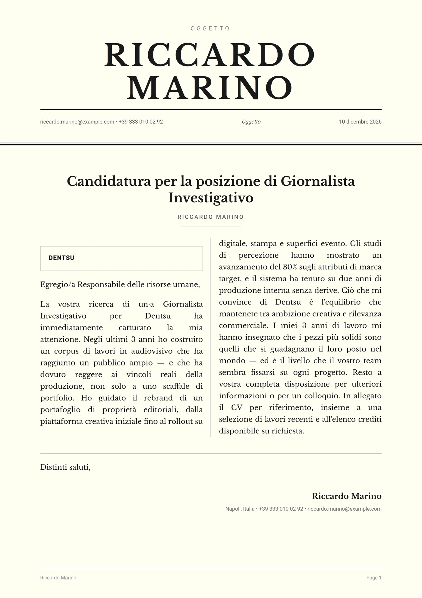 Colonna di giornale — Modelli di lettera di presentazione