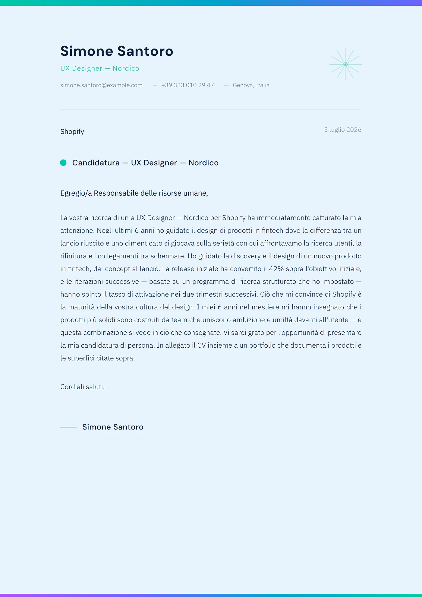 Brina nordica — Modelli di lettera di presentazione