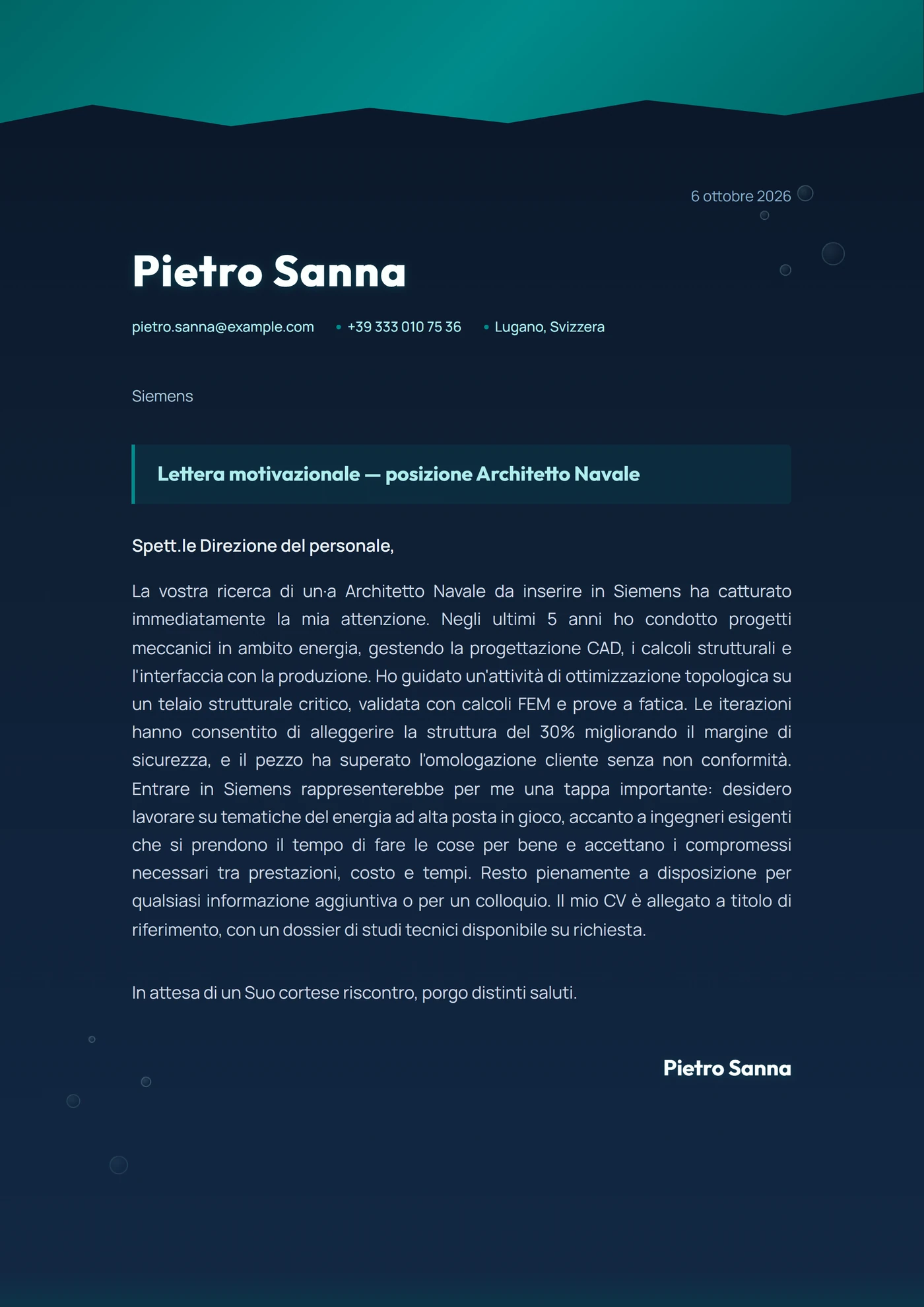 Oceano Profondo — Modelli di lettera di presentazione