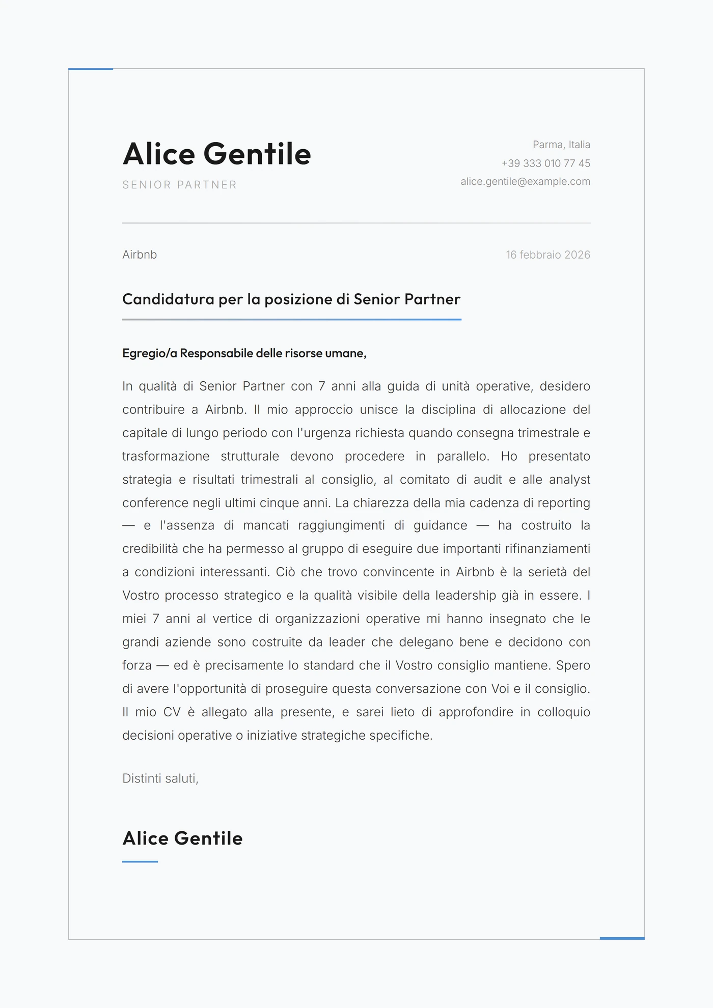 Bordo Platino — Modelli di lettera di presentazione