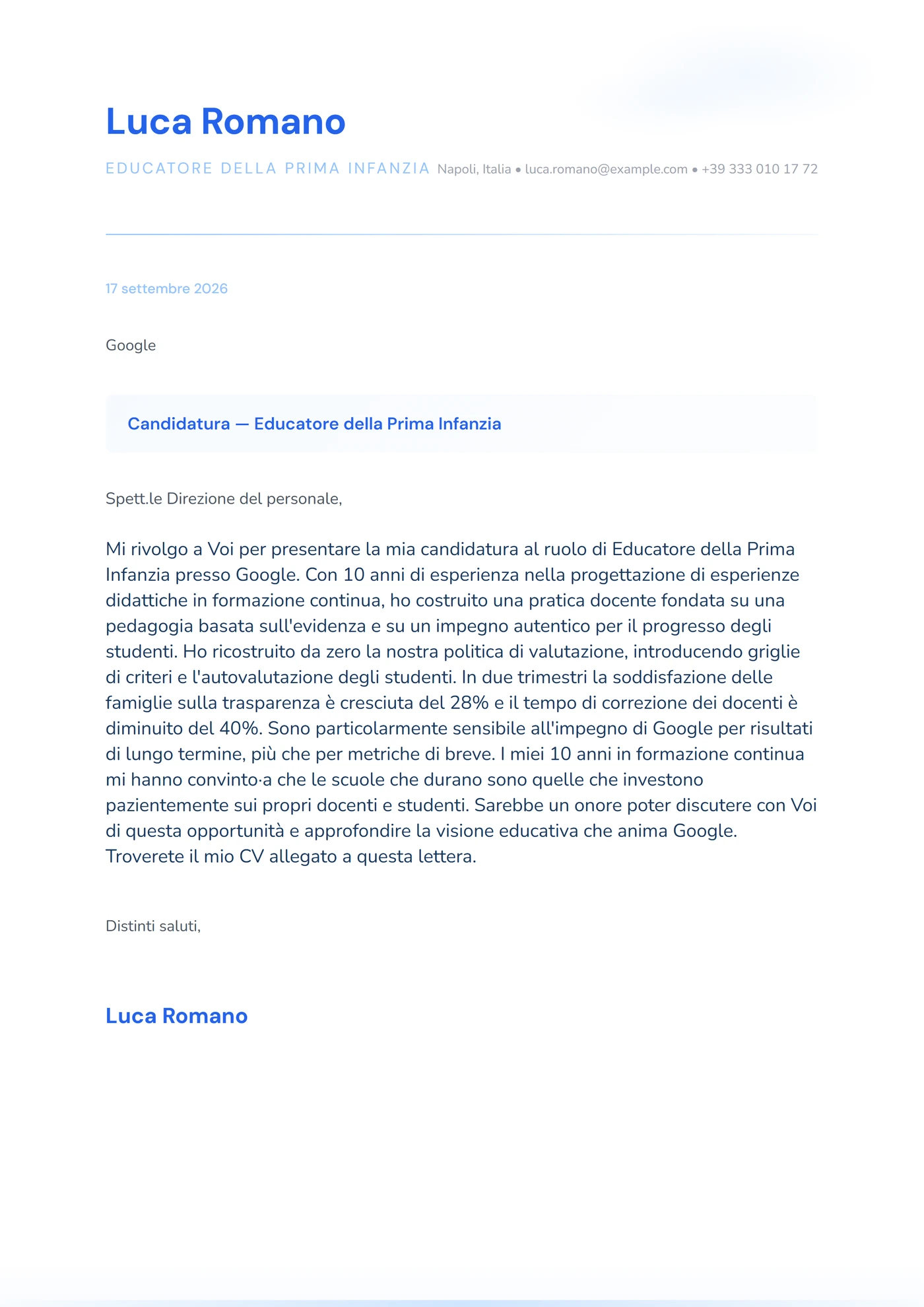 Azzurro polvere — Modelli di lettera di presentazione