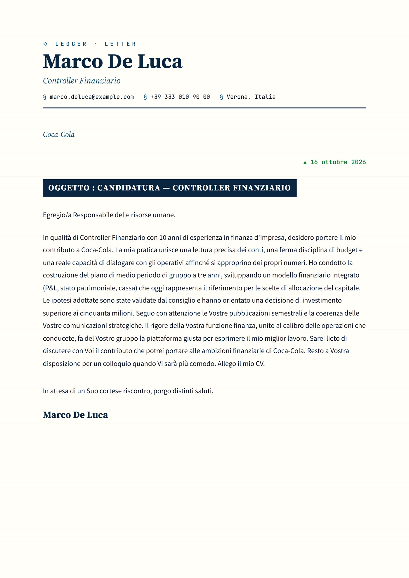 Libro mastro bancario — Modelli di lettera di presentazione
