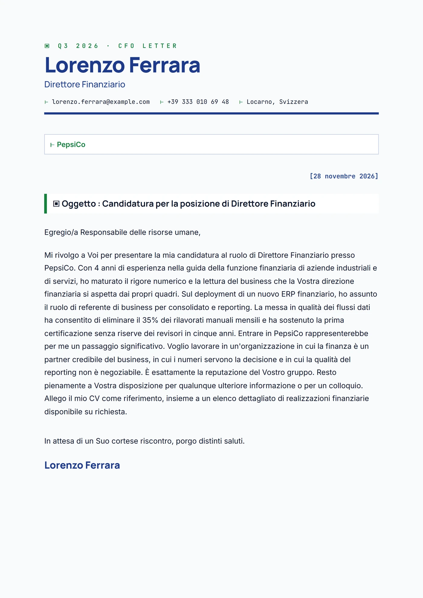 Lettera CFO — Modelli di lettera di presentazione