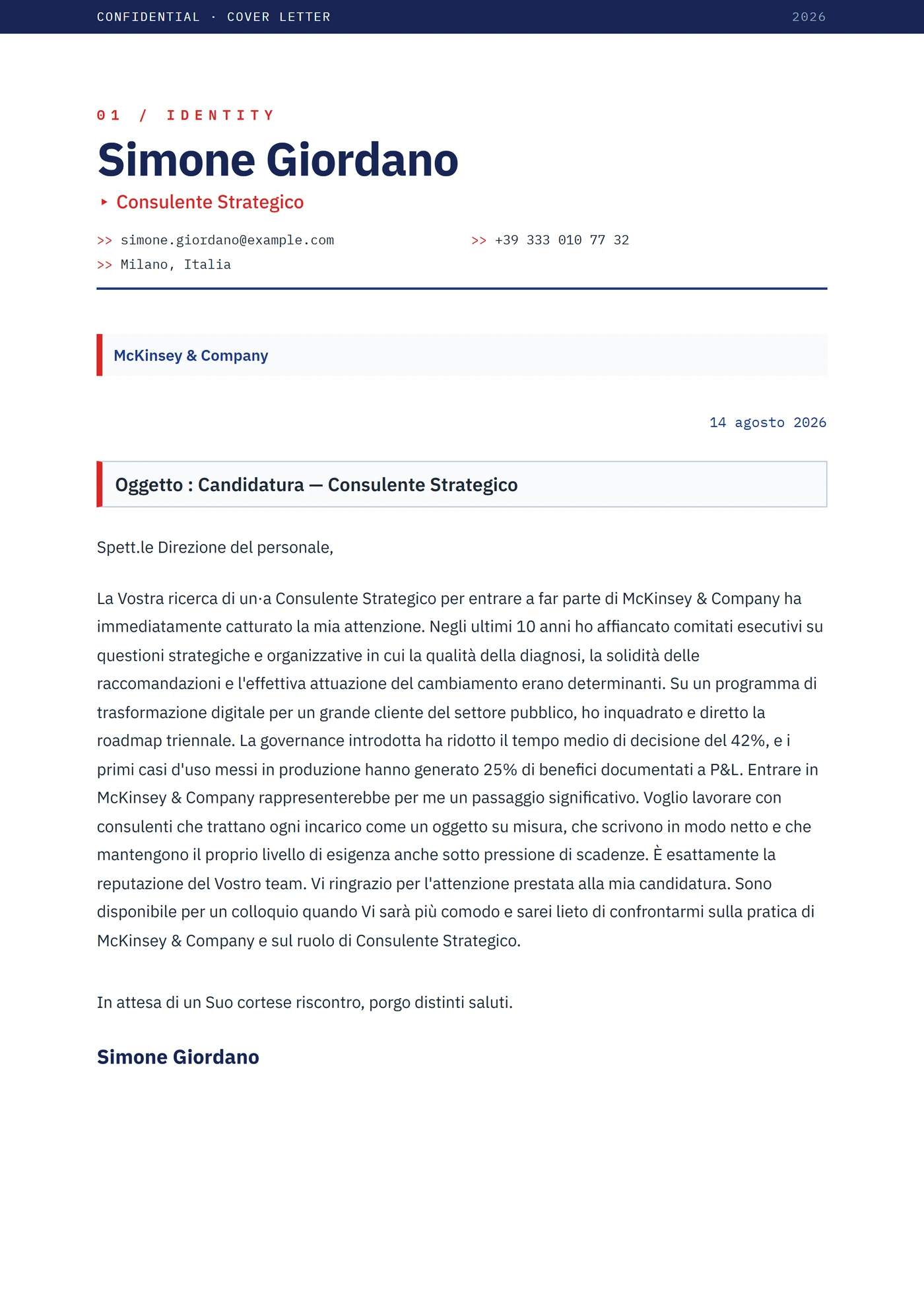 Pitch di consulenza — Modelli di lettera di presentazione