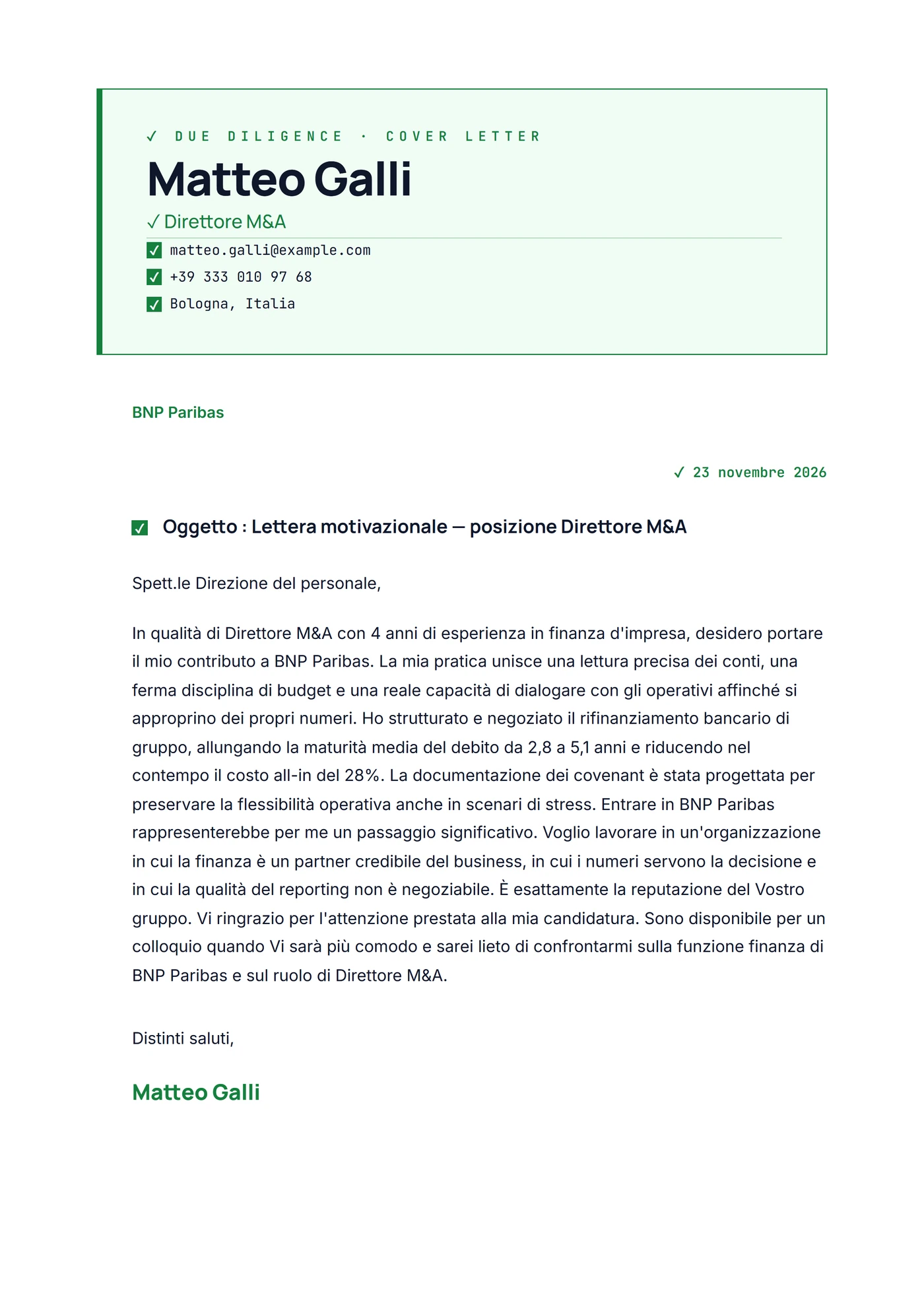 Due diligence — Modelli di lettera di presentazione