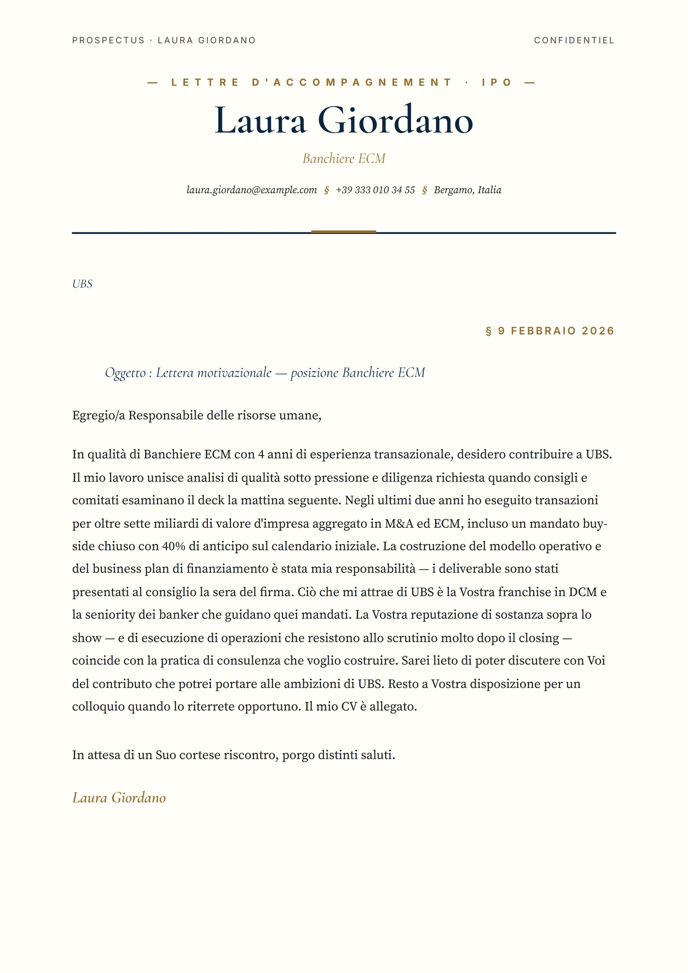 Prospetto IPO — Modelli di lettera di presentazione