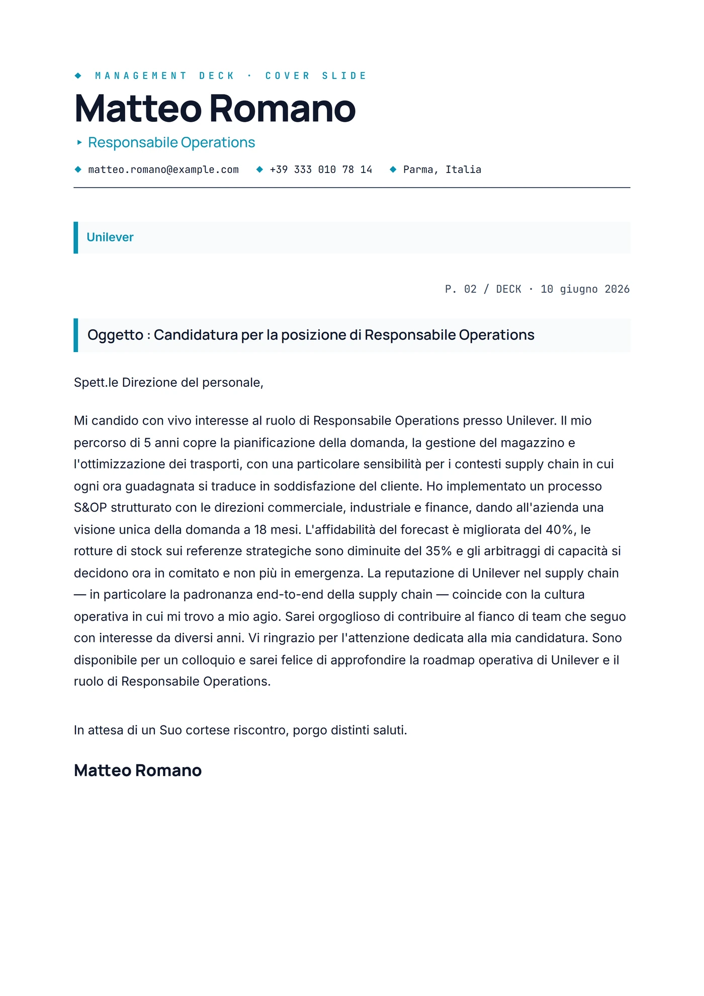 Management — Modelli di lettera di presentazione