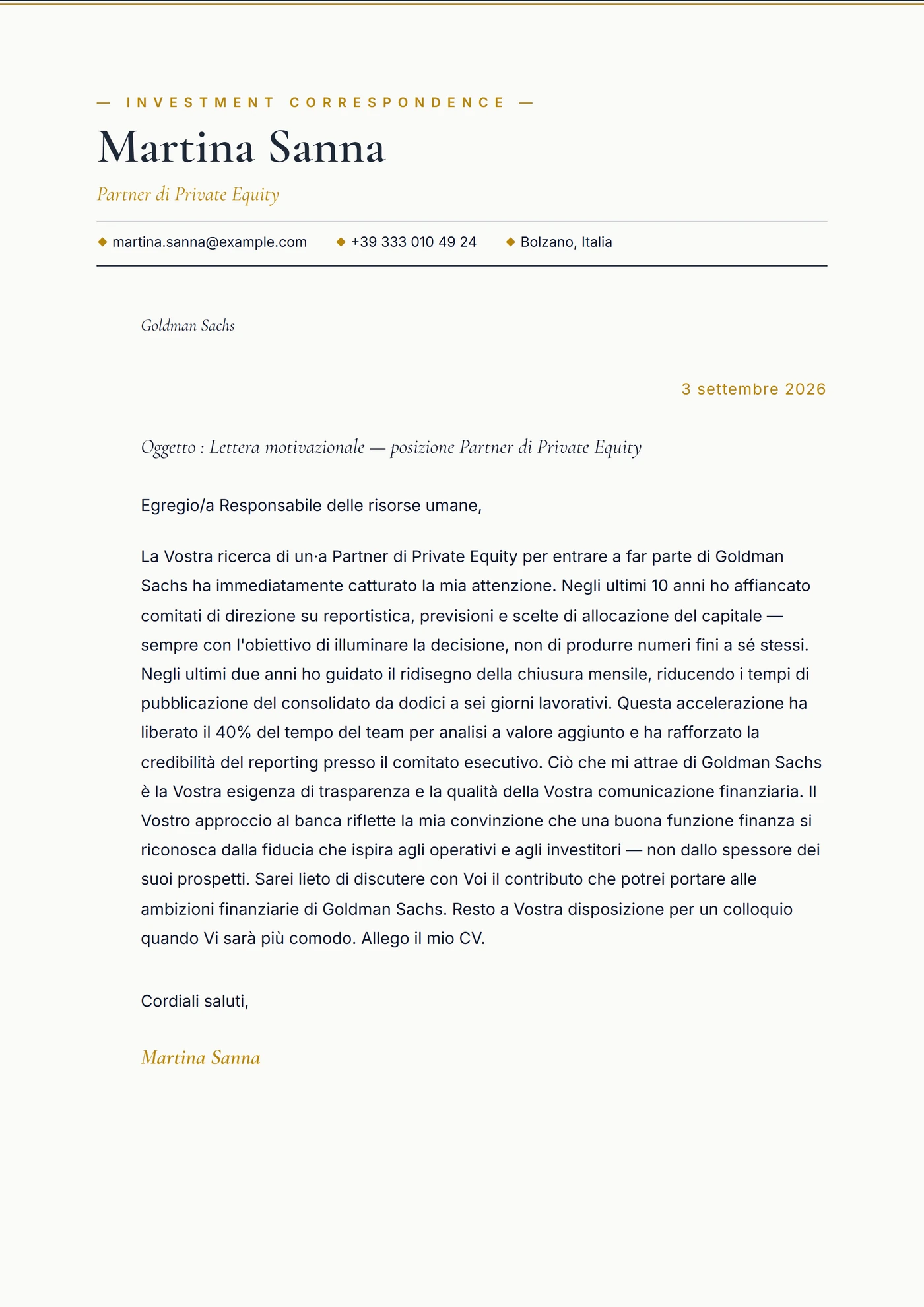 Private equity — Modelli di lettera di presentazione