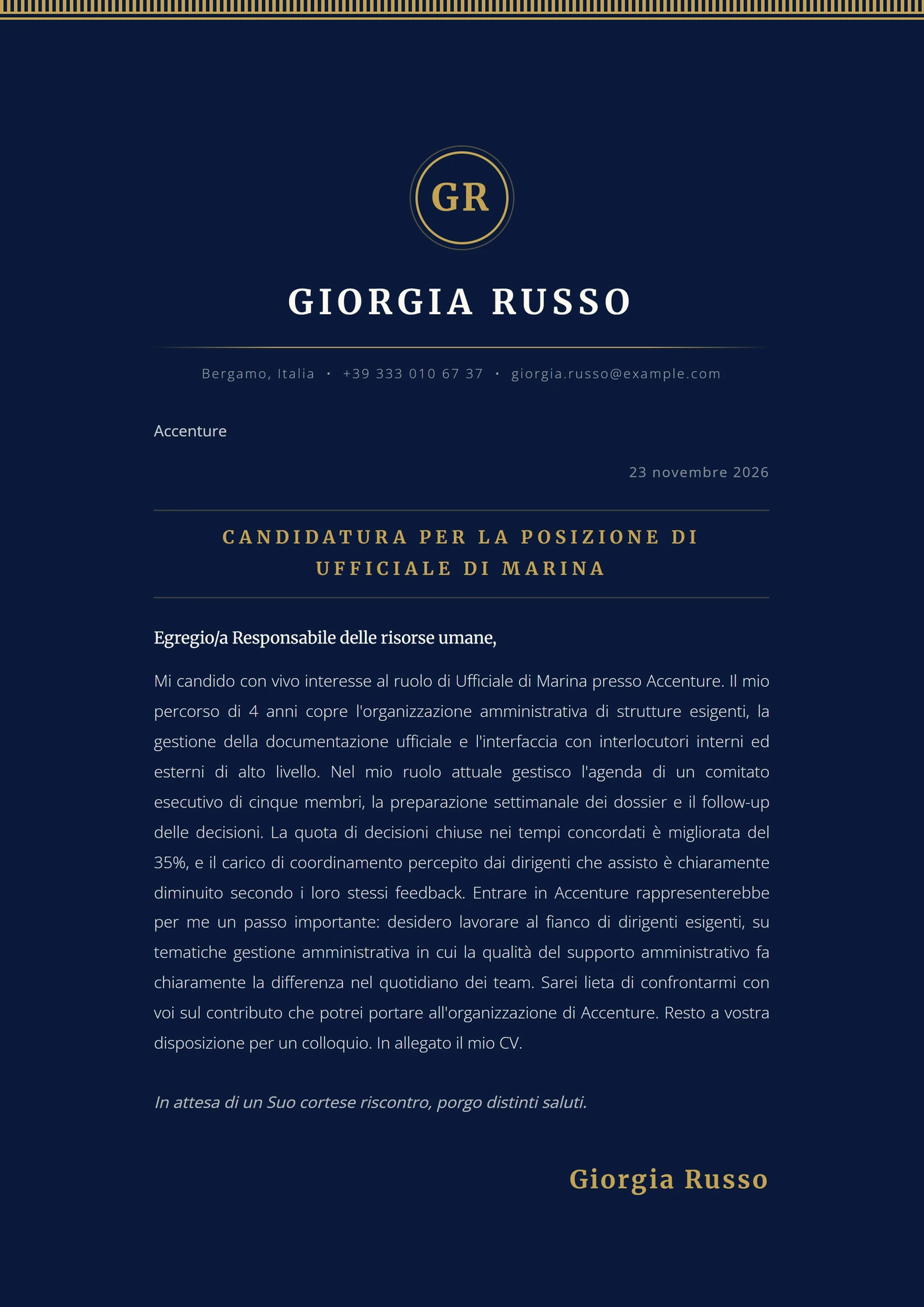 Blu reale — Modelli di lettera di presentazione
