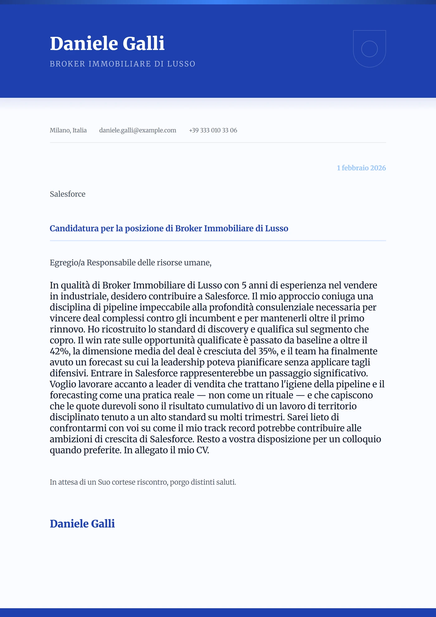 Zaffiro reale — Modelli di lettera di presentazione