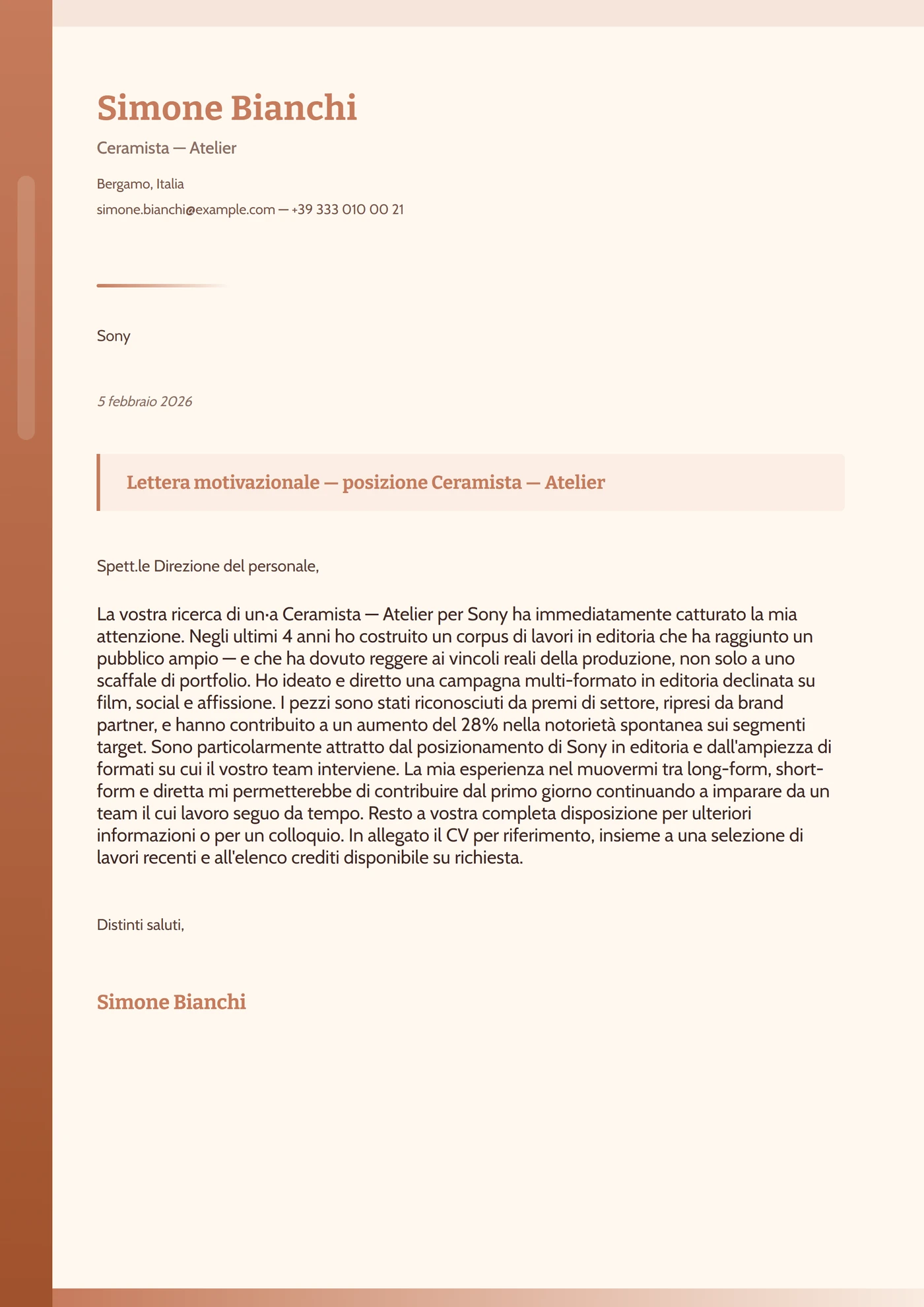 Terracotta terra — Modelli di lettera di presentazione