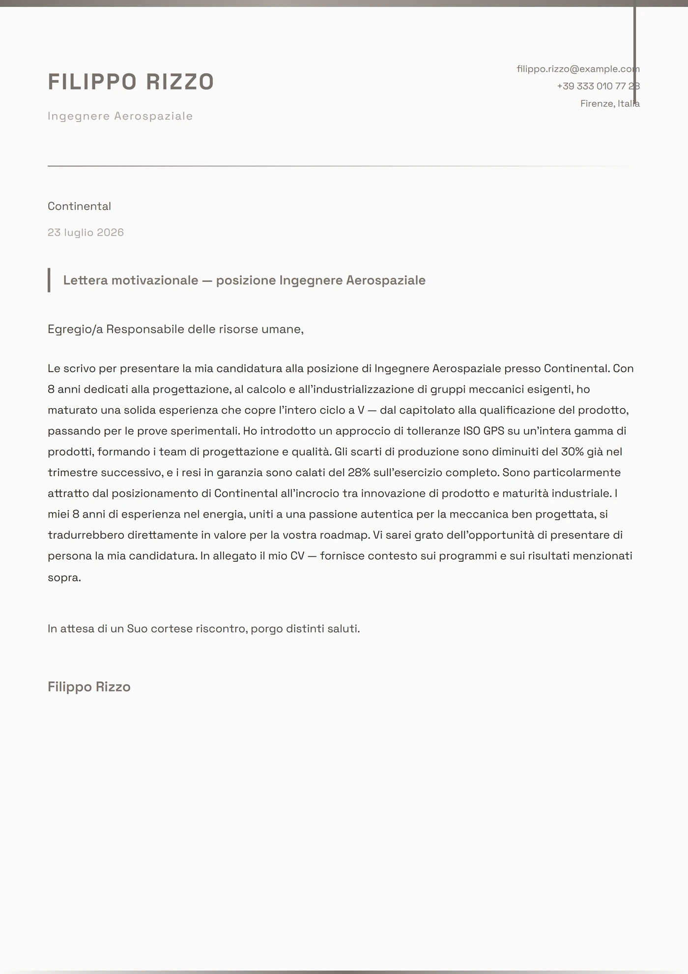 Bordo Titanio — Modelli di lettera di presentazione