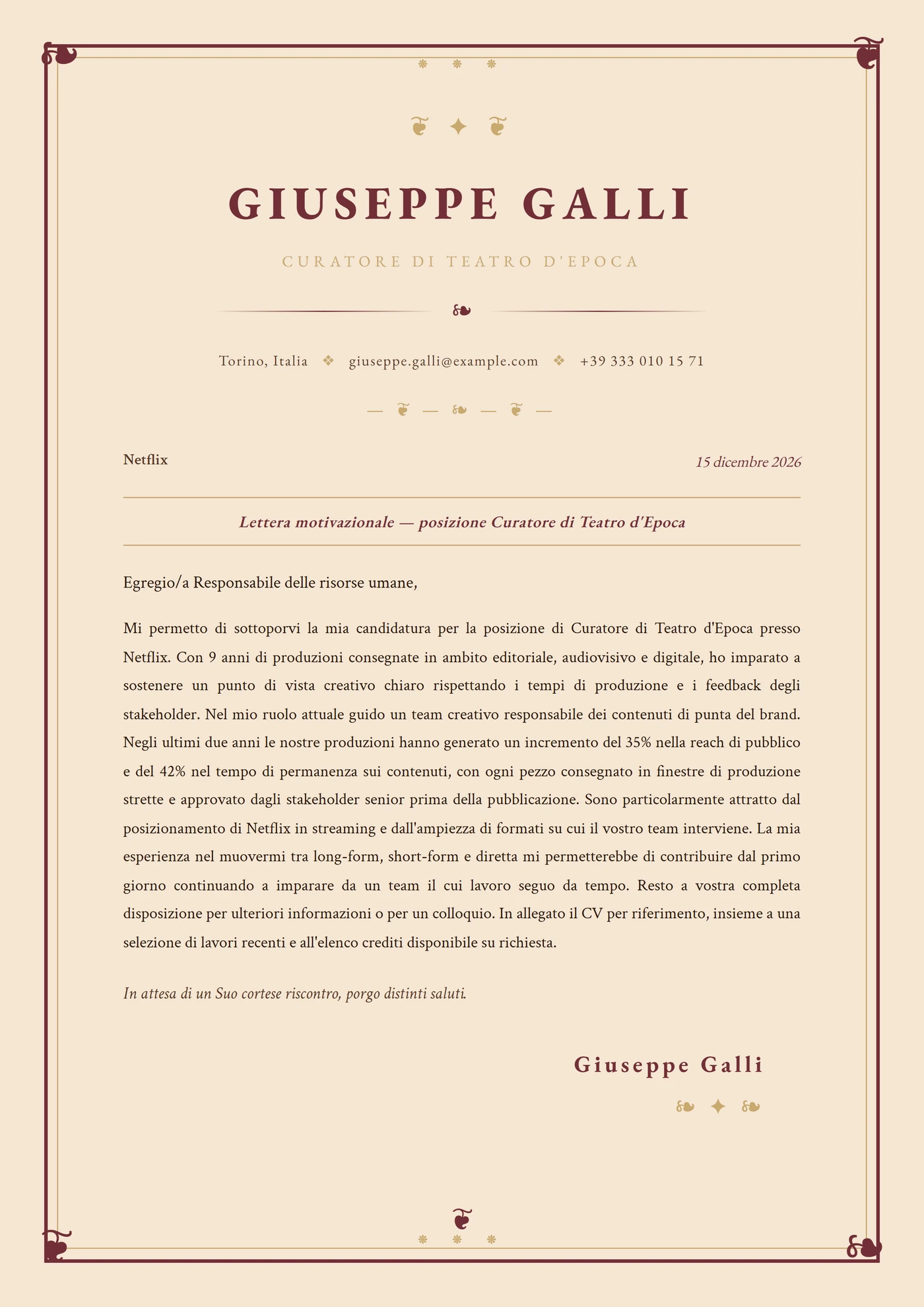 Vittoriano ornato — Modelli di lettera di presentazione