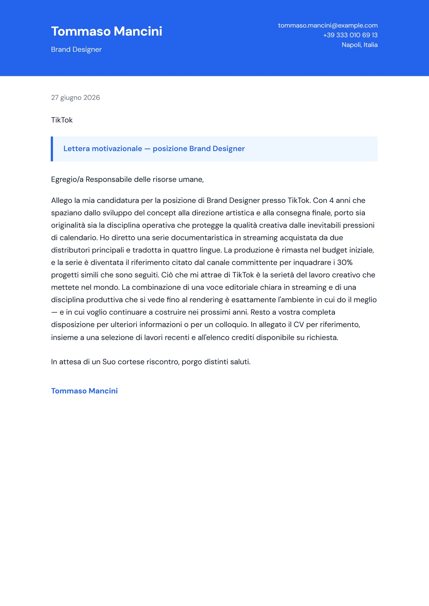 Vivido — Modelli di lettera di presentazione