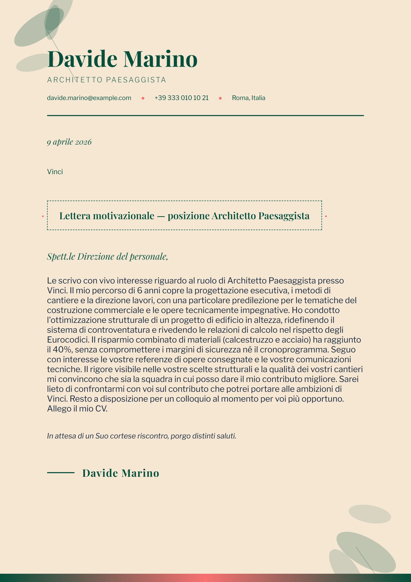 Botanica calda — Modelli di lettera di presentazione