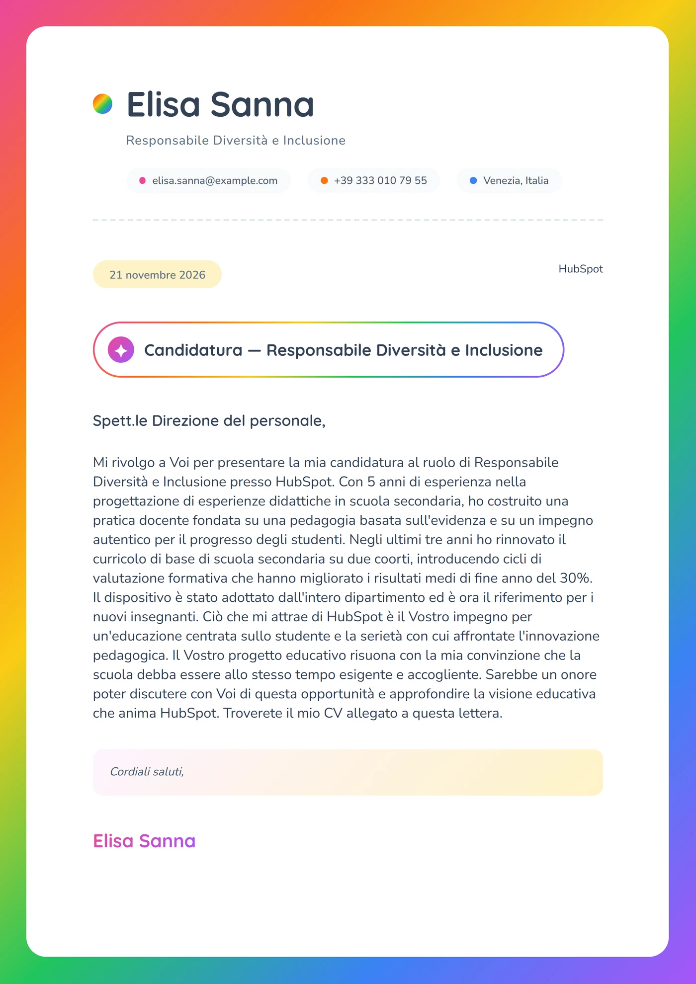 Bordura arcobaleno — Modelli di lettera di presentazione