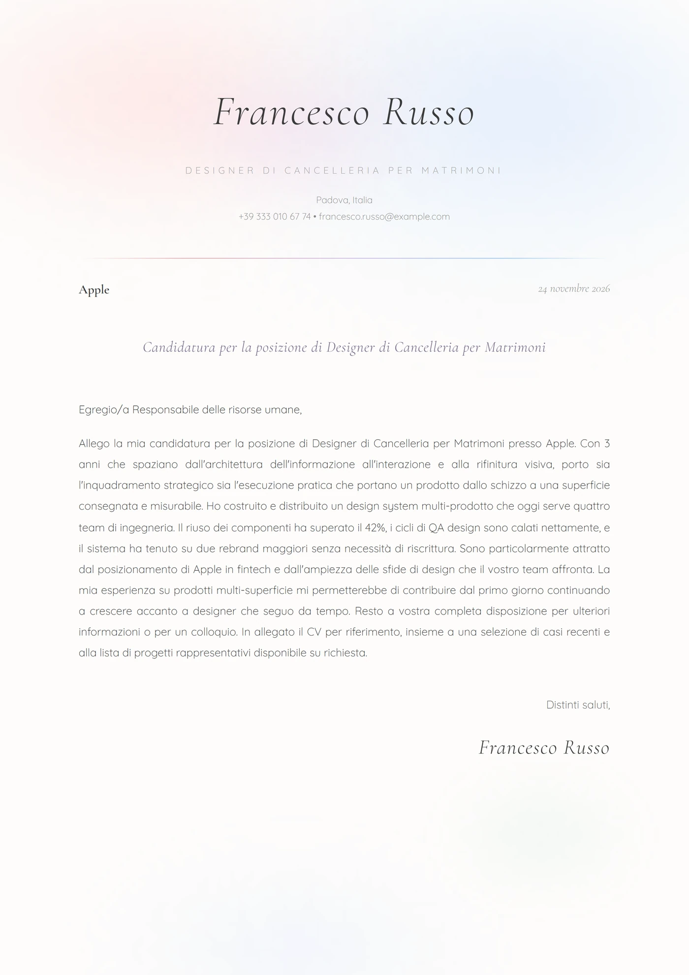 Velatura acquerello — Modelli di lettera di presentazione