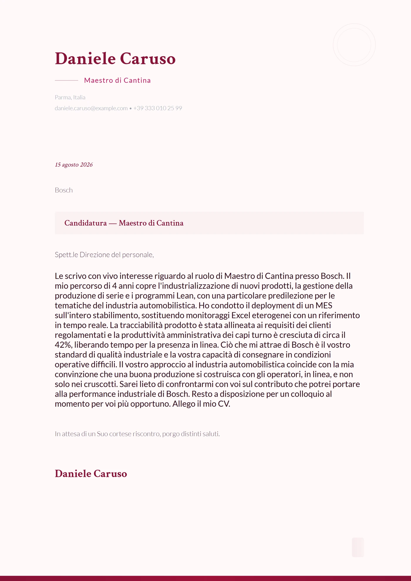 Cantina — Modelli di lettera di presentazione