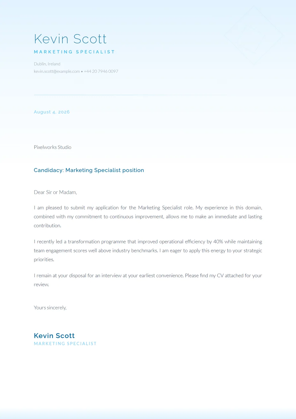 Gelo Ártico — Modelos de carta de apresentação