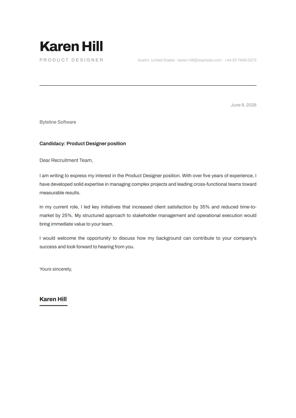 Carvão Minimalista — Modelos de carta de apresentação